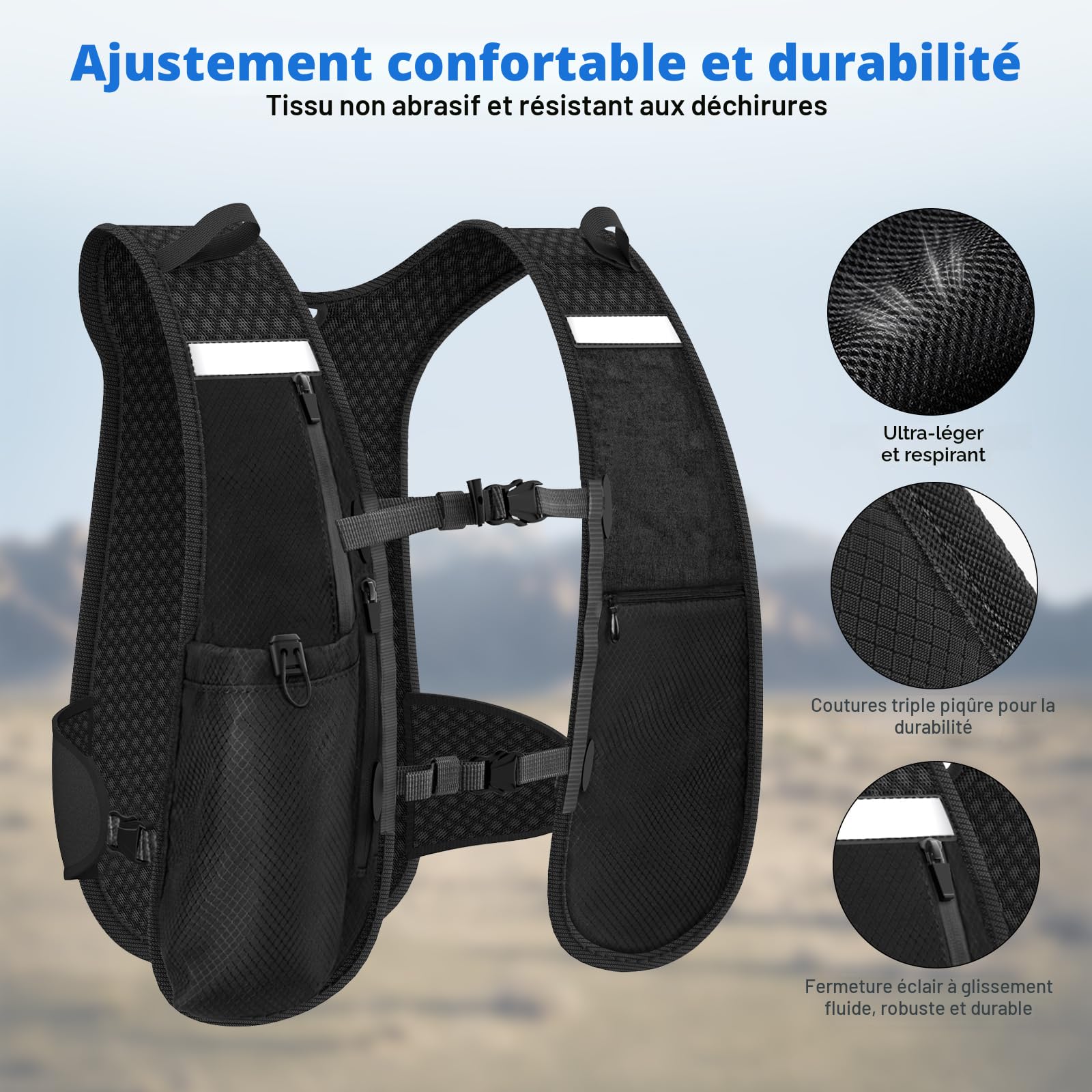 Nextyu Gilet Hydratation Running Femme Homme, Gilet Course à Pied Léger Réfléchissant avec Gourde Souple 500 ML, Lampe LED, Poche Téléphone, Bretelles de Poitrine Réglables pour Randonnée Trail