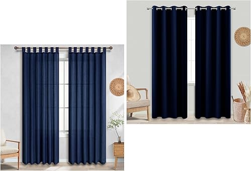 KOUFALL Paquete de cortinas opacas de oscurecimiento de habitación azul marino de 84 pulgadas y cortinas de lino transparente para sala de estar y