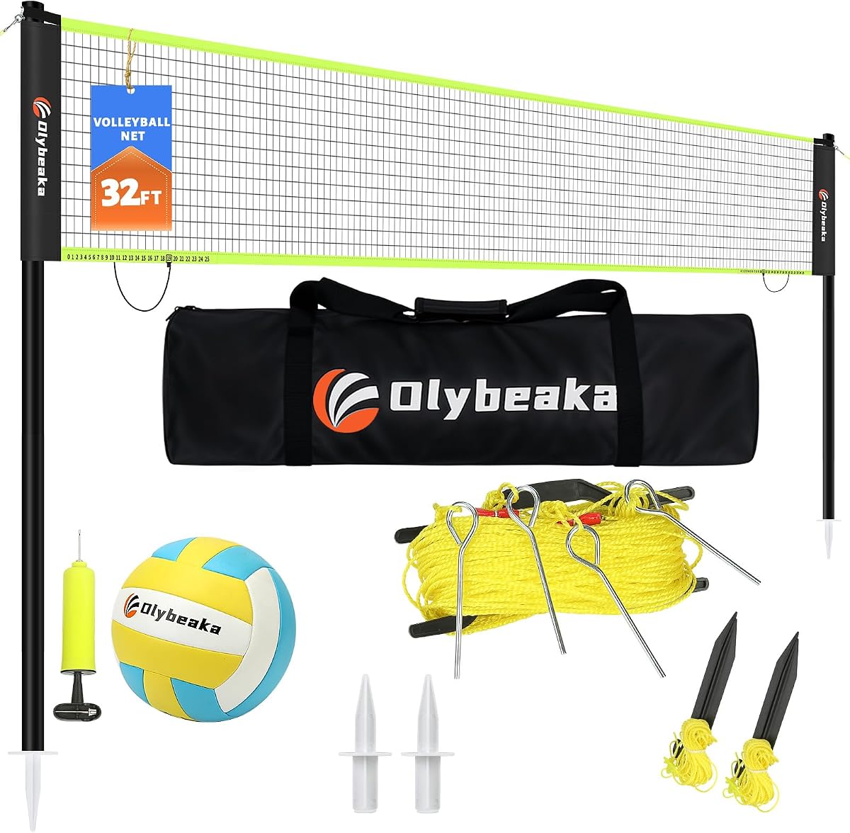 Juego de red de voleibol portátil para exteriores de 32 pies con 4 postes de altura ajustable | Sistema de red de voleibol de fácil instalación con bolsa de transporte para patio, playa y césped