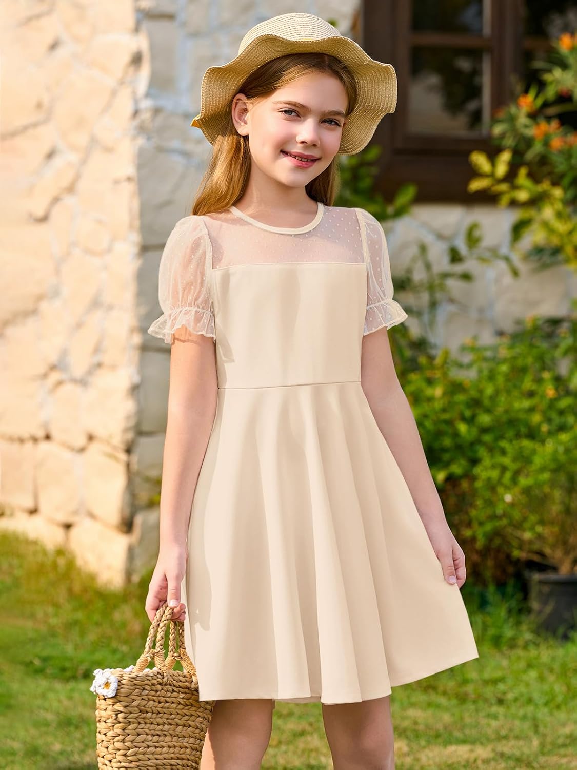 Haloumoning Girls Contrast Mesh Puff Short Sleeve Dress Kids High Waist A Line Casual Dresses with Pockets 4-14 Years - Image 2
