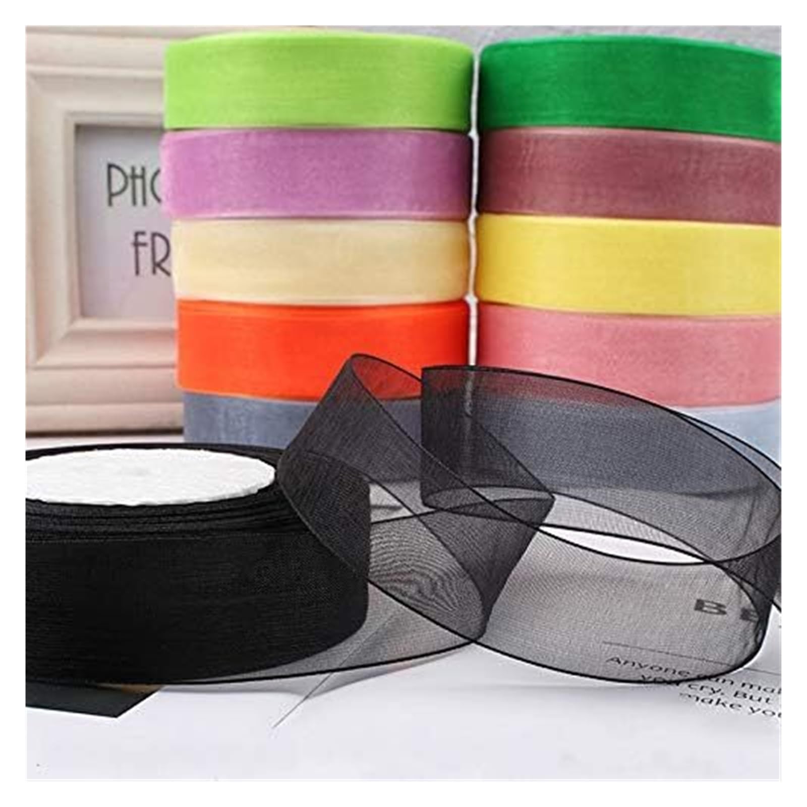 rolki wstążek z organzy, Wstążka do pakowania prezentów z organzy wielokolorowa 12-50 mm 50 jardów(Black,15MM)