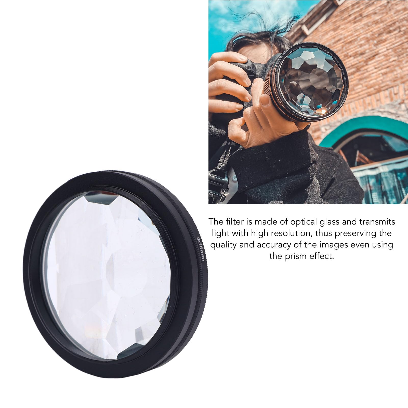 Filtre de Kaléidoscope de 58 Mm, Filtres à Effet D'objectif de la Caméra avec Anneau D'adaptateur 52 Mm 58 Mm, Compatible avec L'objectif 52 Mm, Verre Cristallin Prism pour la