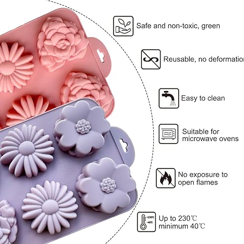 Miniatura 8 de Paquete de 2 moldes de silicona para tartas de flores para hornear, 6 cavidades 3D de margaritas 3D, moldes de chocolate rosa para hacer mousse,