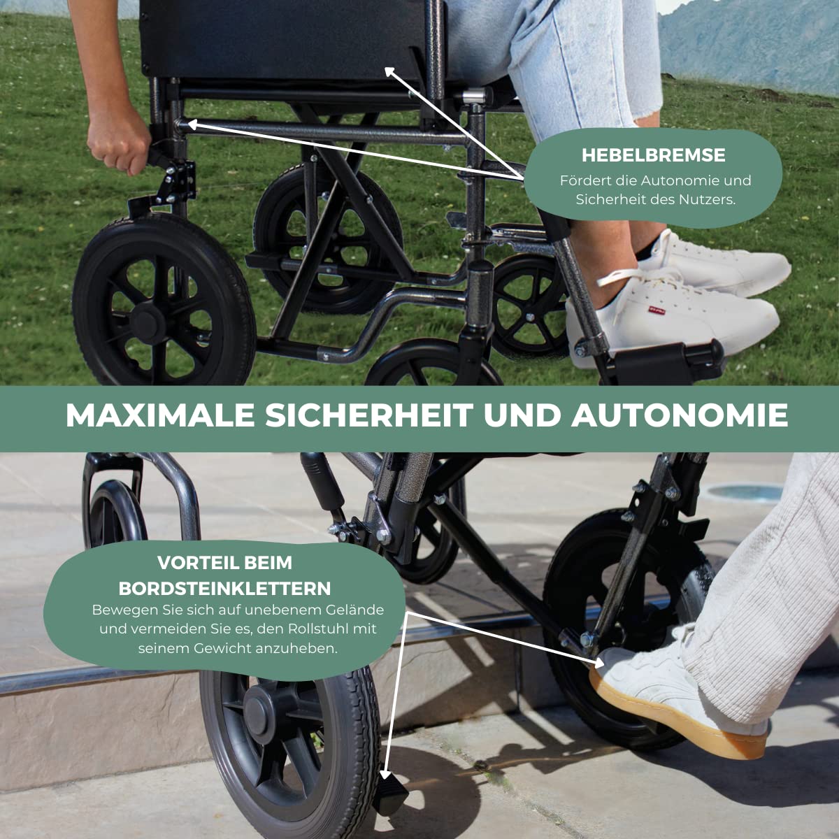 Mobiclinic®, Rollstuhl, S230, Faltbar und leicht, Sitzfläche 43 cm, Klappbare abnehmbare fußstützen, Gepolsterte armlehnen, Kleine räder, Feststellbremse fußbremse