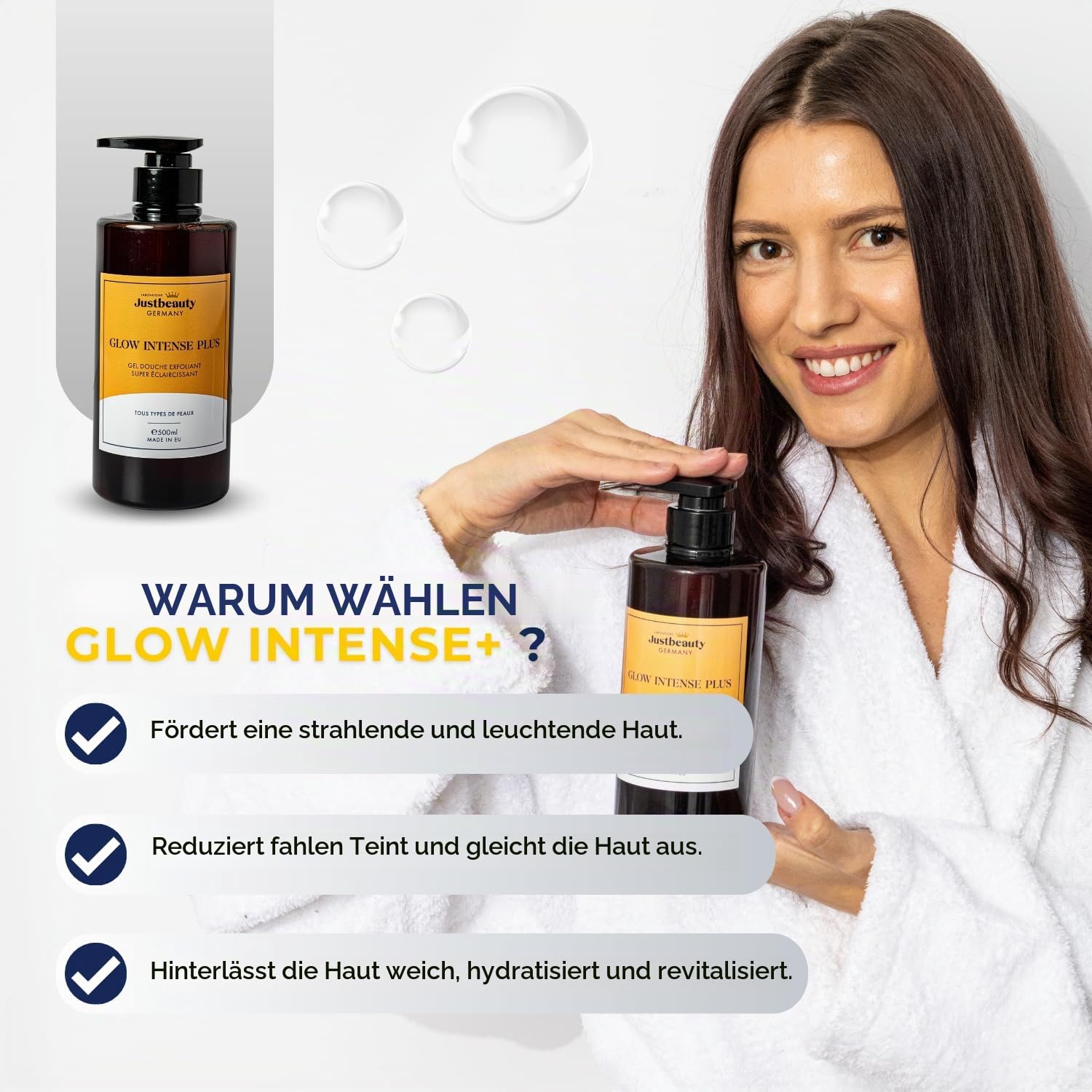 Glow Intense Plus – 4-in-1 Duschgel mit Peeling-Effekt | Aufhellend & Feuchtigkeitsspendend | Mit Kojiksäure, Arbutin & Glutathion | Für Glatte, Strahlende Haut