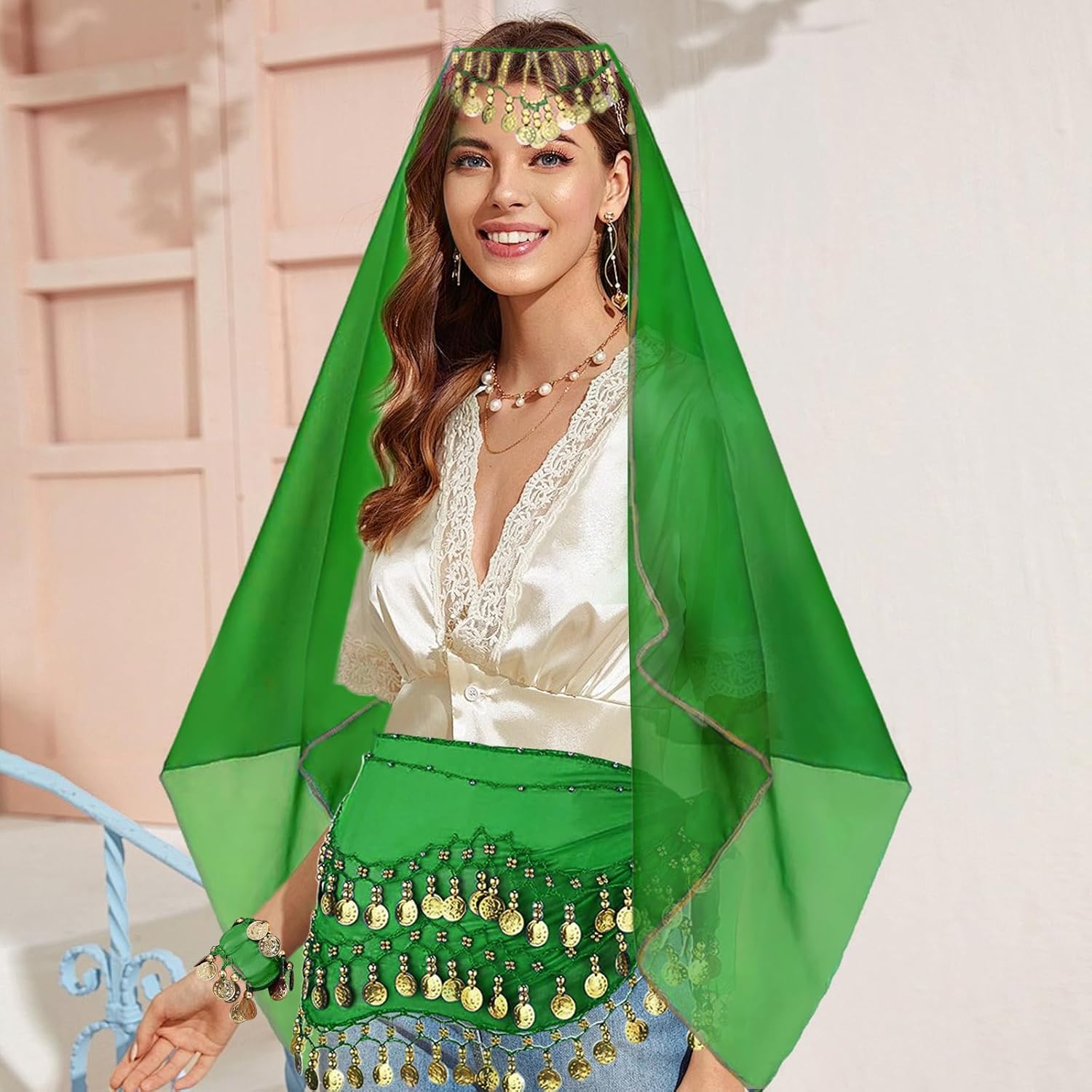 4Pcs Belly Dancer Outfit Sets, Chiffon Head Scarf,Belly Dance Hip Scarf, 2 Coin Wrist Bracelets, 50 Bobby Pins - Image 5