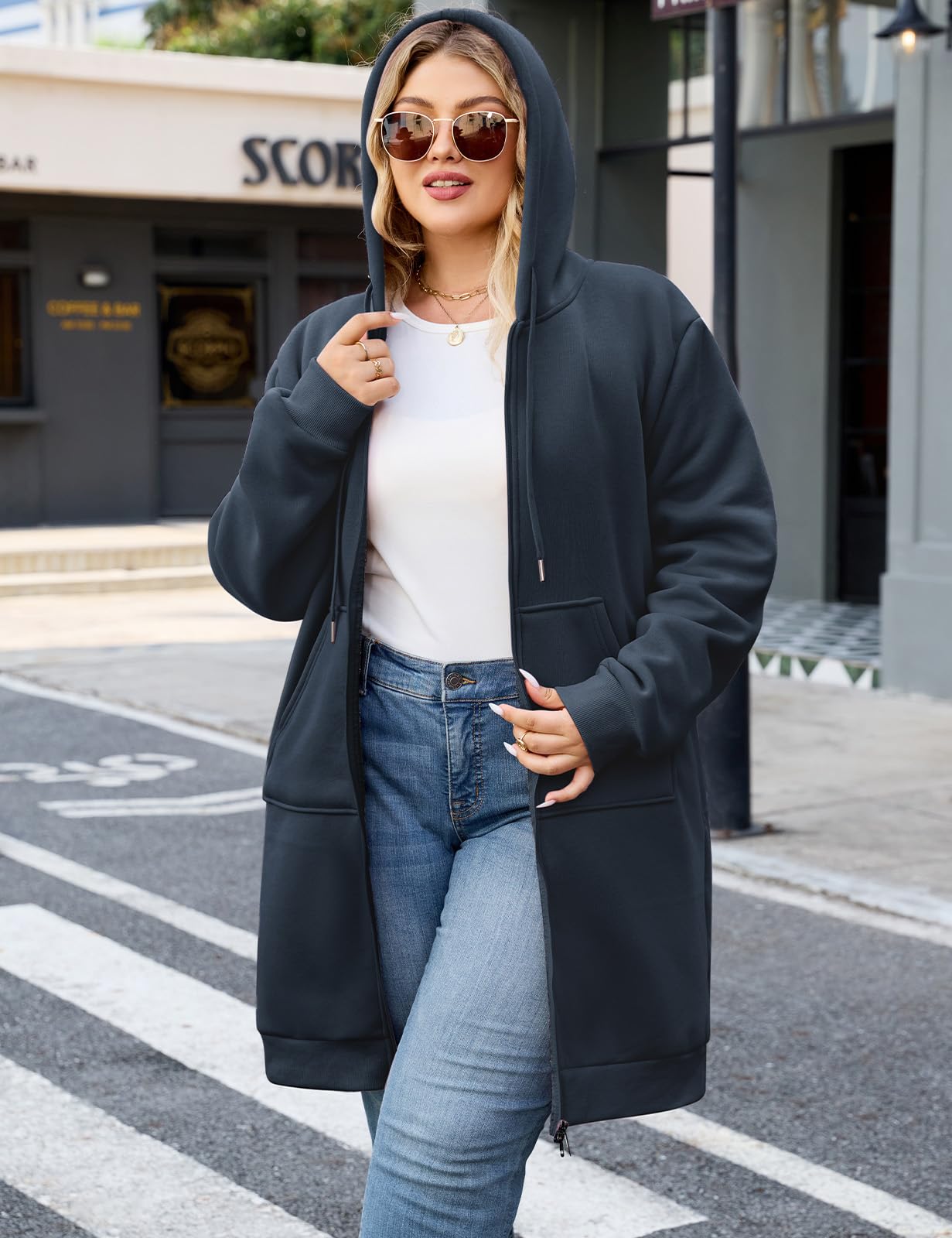 CMTOP Longue Sweat Zippé Femme Cotton Chaud Veste à Capuche Oversize Casual Manteau en Polaire Grand Taille avec Poches Hoodie Chic et élégant Automne Hiver Outerwear