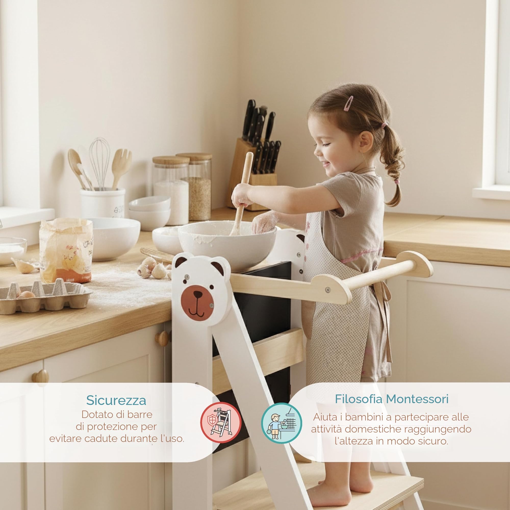 Buddy Baby • Torre di apprendimento pieghevole e Torre di aiuta in cucina • 36 mesi a 5 anni • Base regolabile in altezza • Pieghevole • Ringhiera di protezione • Supporti laterali