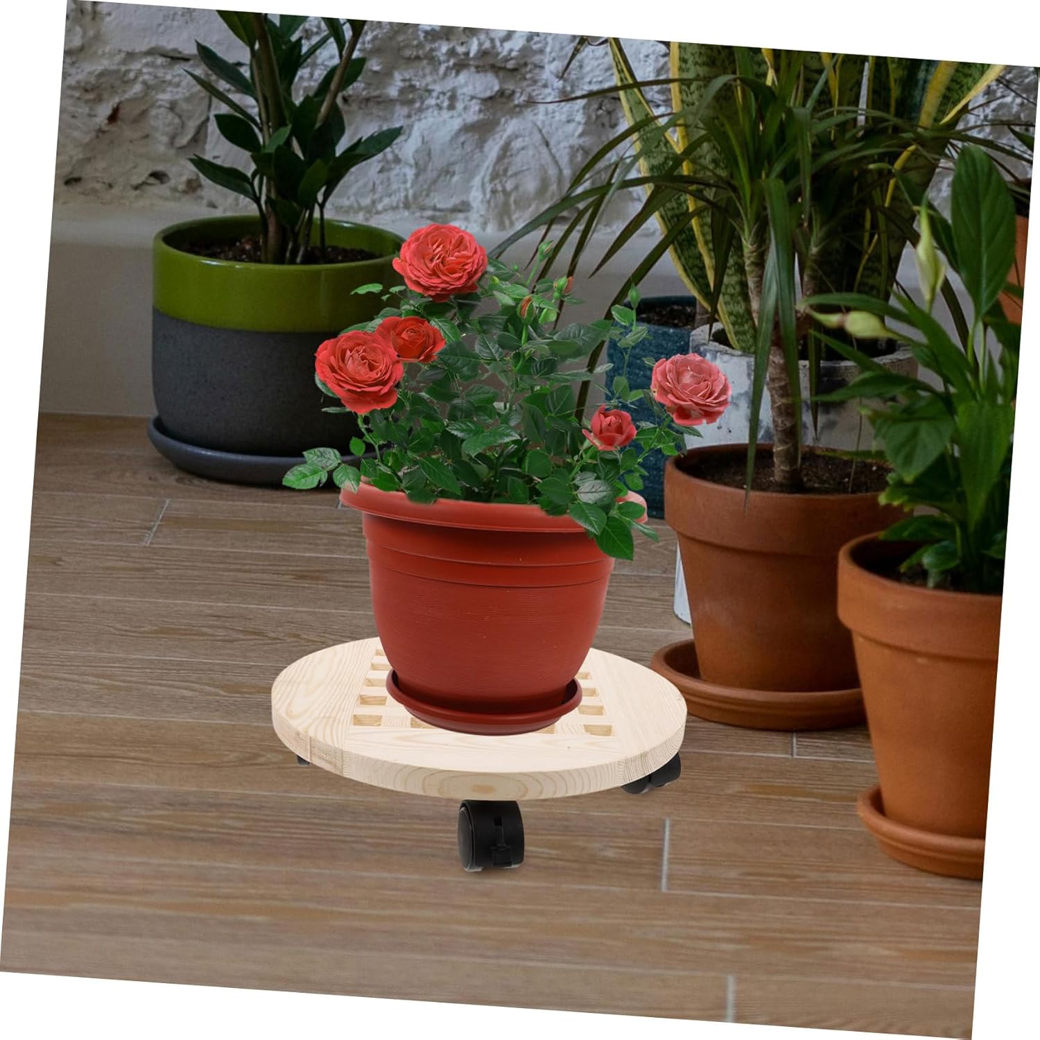 Rolling Plant Stand with Wheels Heavy Duty Wood Flower Pot Base for Indoor and Outdoor Use Movable Flower Rack with Design and Sturdy Casters