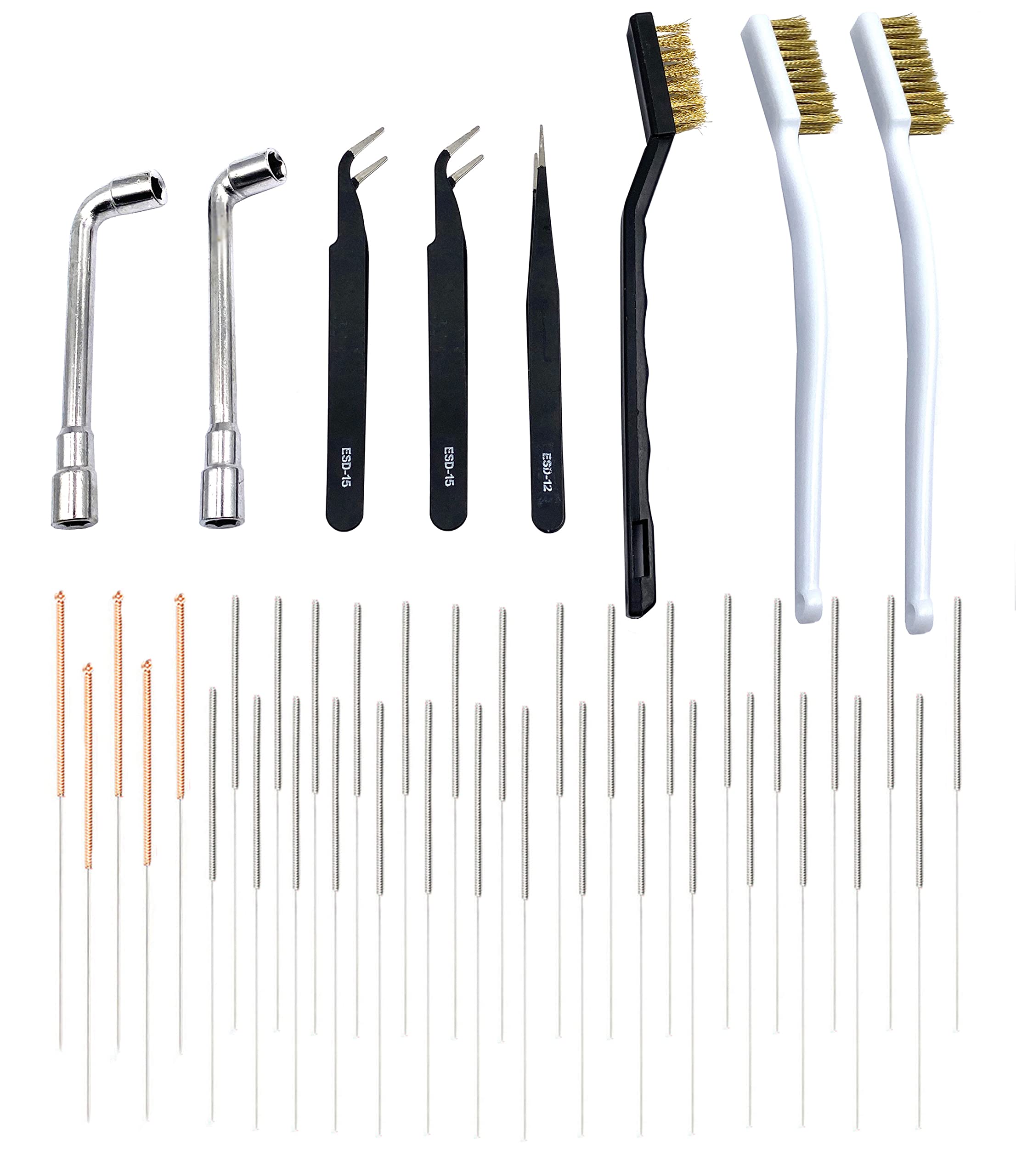 3D Printer Cleaning Kit,35Pcs 0.15/0.2/0.25/0.3/0.35/0.4/0.5/0.6/0.8/1.0 mm Nozzle Cleaning Pins with 3 Cleaning Copper Wire Brushes, 2 L-Shaped Wrench and 3 Tweezers for Printer Accessories