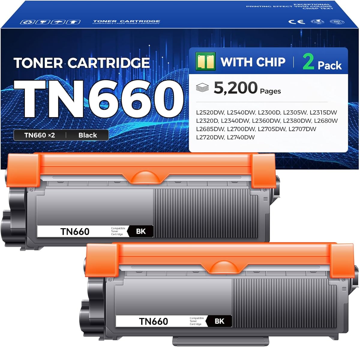 TN660 Toner Cartridge Black 2-Pack Printer Replacement Compatible for Brother TN-660 TN630 TN-630 HL-L2380DW HL-L2320D HL-L2340DW DCP-L2540DW MFC-L2700DW MFC-L2720DW HL-L2300D HL-L2360DW DCP-L2520DW