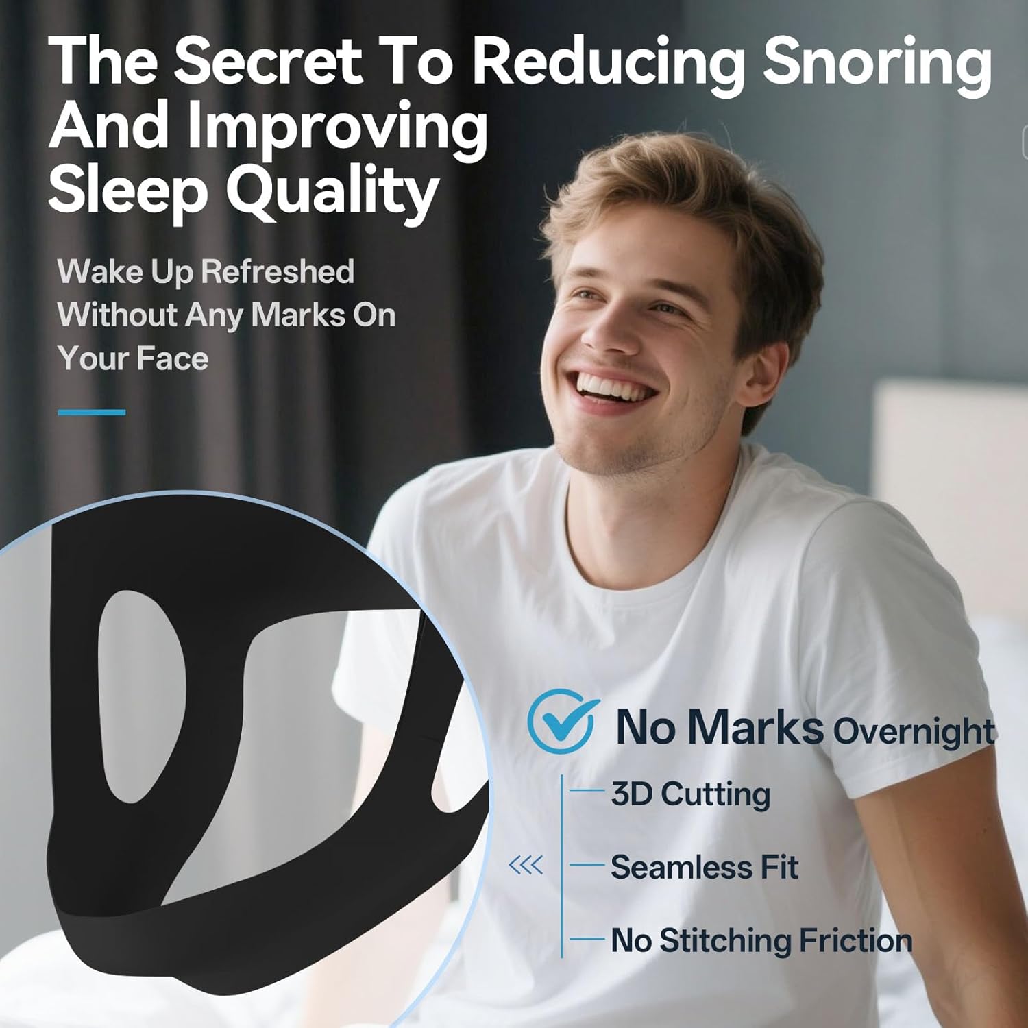 Condition photo showing New/Like New for chin strap for sleeping with 4-side adjustment, anti snoring chin strap elasticity for adults, anti snoring devices breathable and durable, snore stopper for cpap users, black, m 1 black m(23.6in*5.11in)