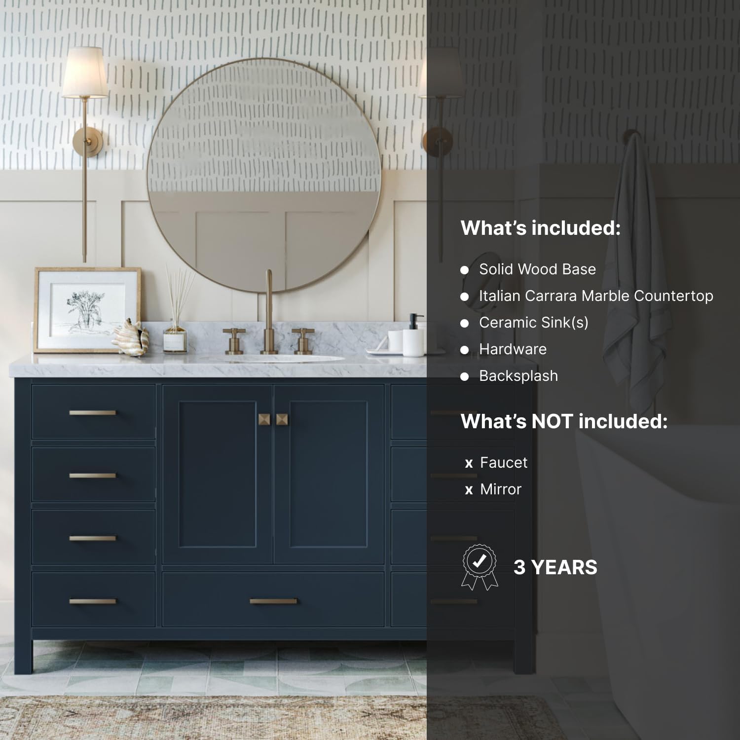 DKB Beckford 61-Inch Midnight Blue Single Bathroom Vanity with Sink, Italian Carrara White Marble Countertop & Backsplash, Oval Undermount Sink, 2 Soft Closing Doors, 9 Dovetail Drawers, No Mirror