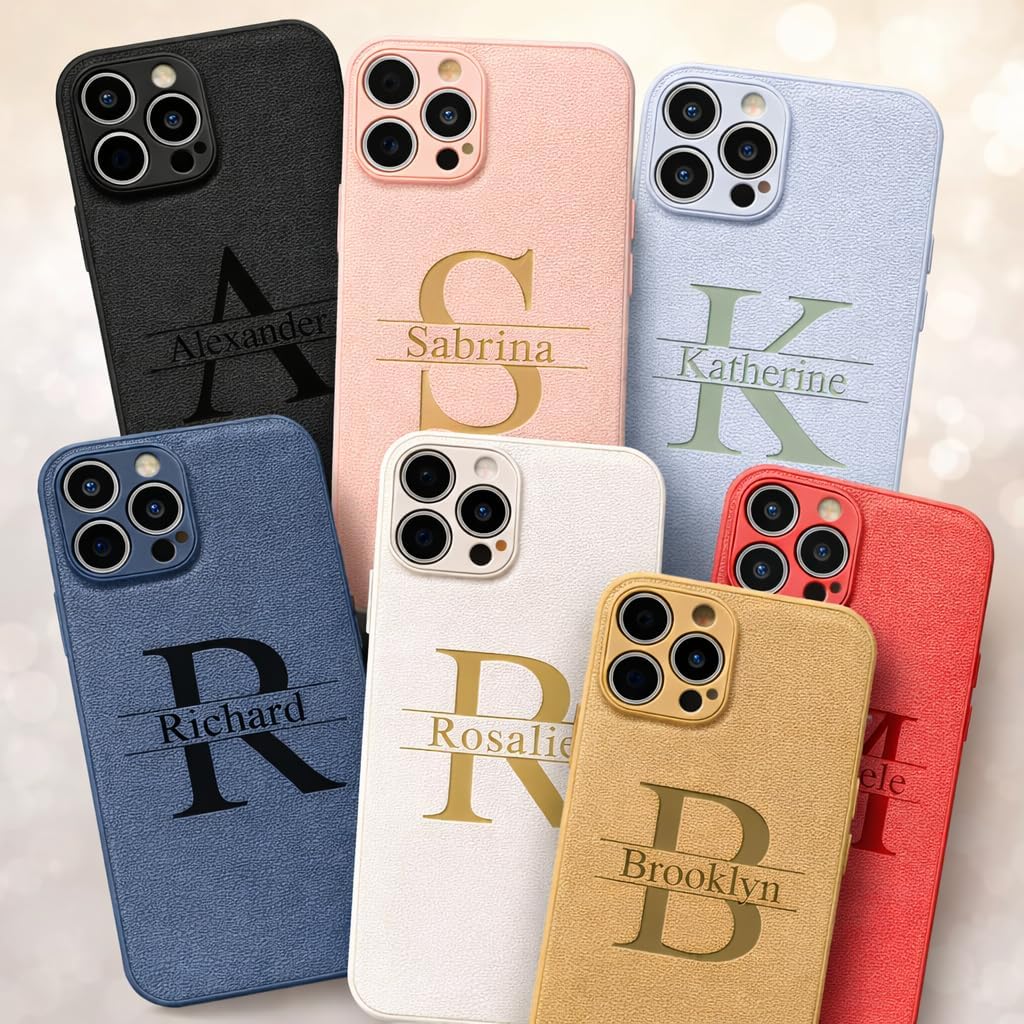 Personalized Phone Case for iPhone, Custom Monogram Embossed Luxury PU Leather Cover, Compatible with iPhone 17, 16, 15, 14, 13, 12, 11, Plus, Pro, Pro Max, Multiple Colors (Pink)