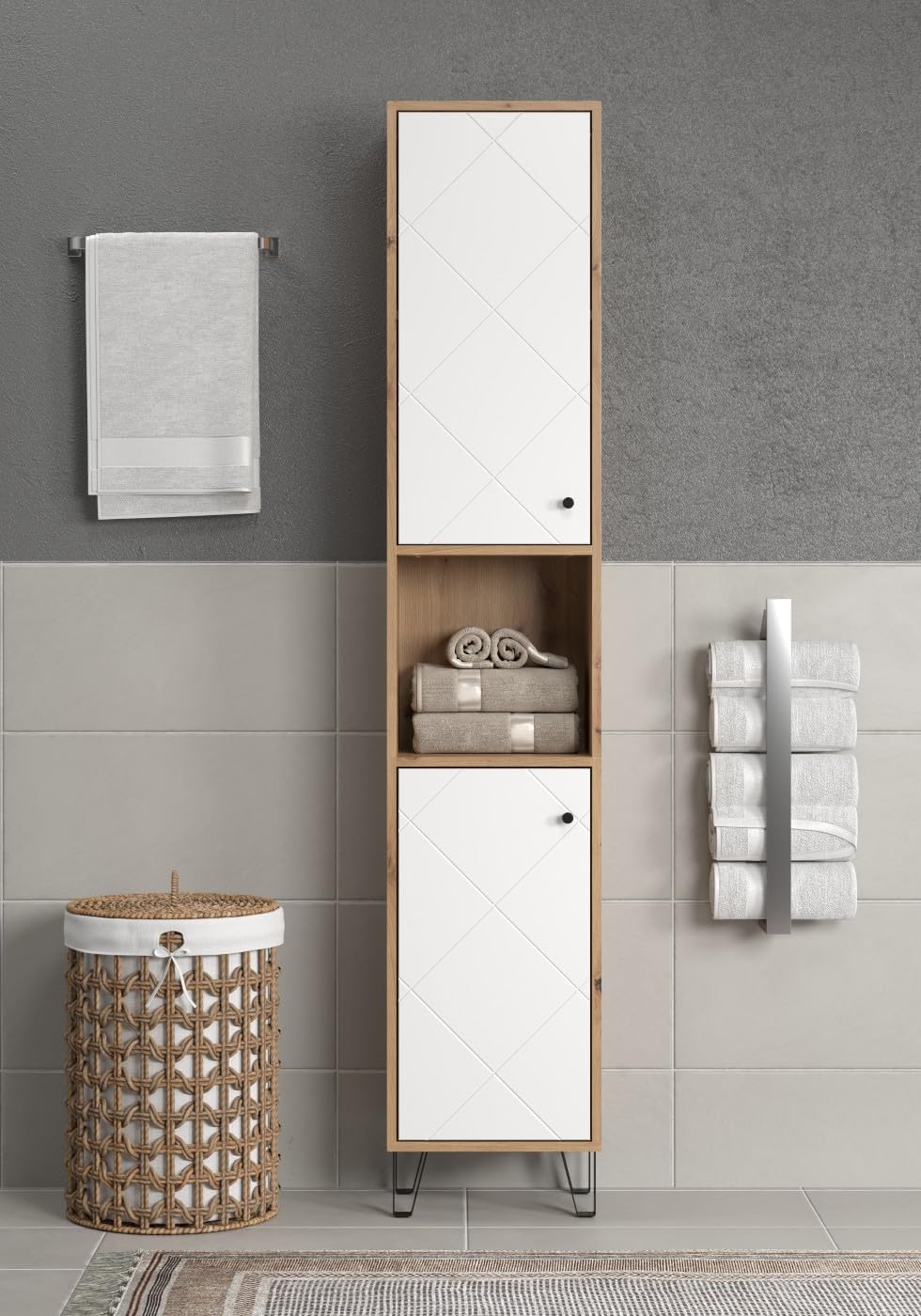 trendteam smart living - Touch - Hochschrank - Artisan Eiche/Weiß - 4 geschlossene und 1 offenes Fach - (BxHxT) 36 x 191 x 29 cm - 2 Einlegeböden - kratzfest
