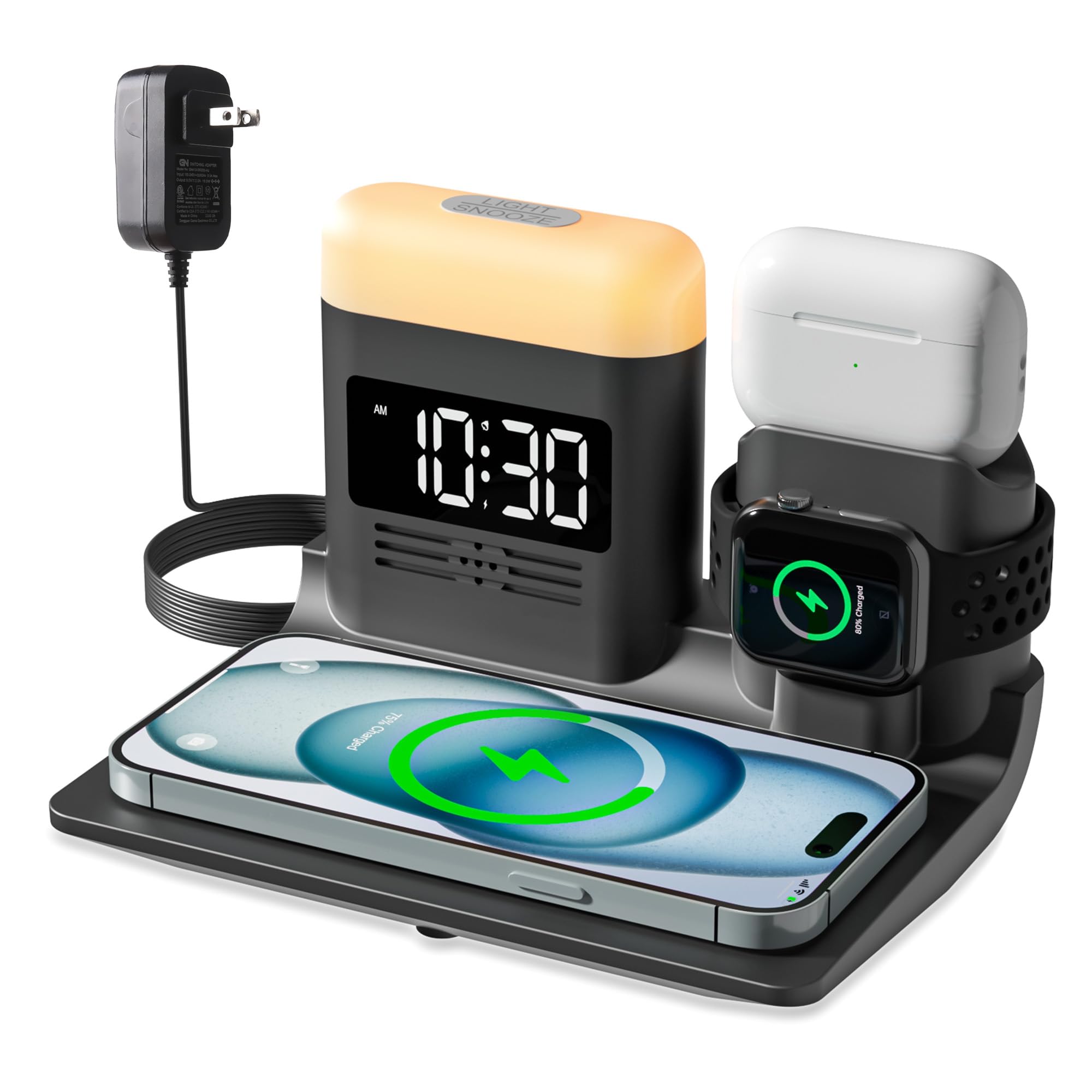 Wireless Charging Station for Apple Devices, 5 in 1 Wireless Charger Stand with Alarm Clock and Light, Charging Dock for iPhone 15 14 13 12 11 X Pro Max, Apple Watch 9/8/7/6/5/4/3/2/SE, AirPods 3/2/1