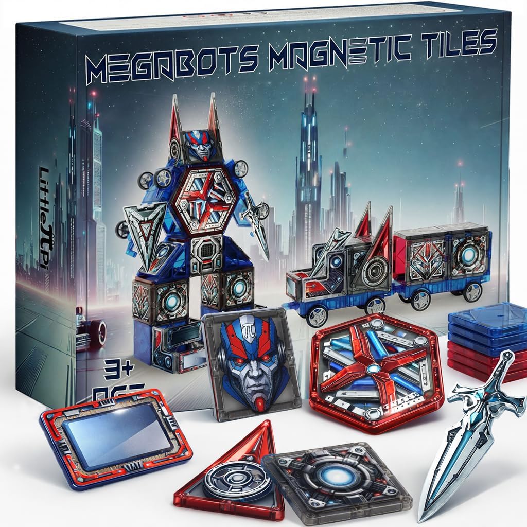 Little Pi ShadowBots Magnetic Tiles 58 PCS | Transform Robot Villain Building Set with Sword & Shield | STEM Toys for Kids Age 3 4 5 6 7 8