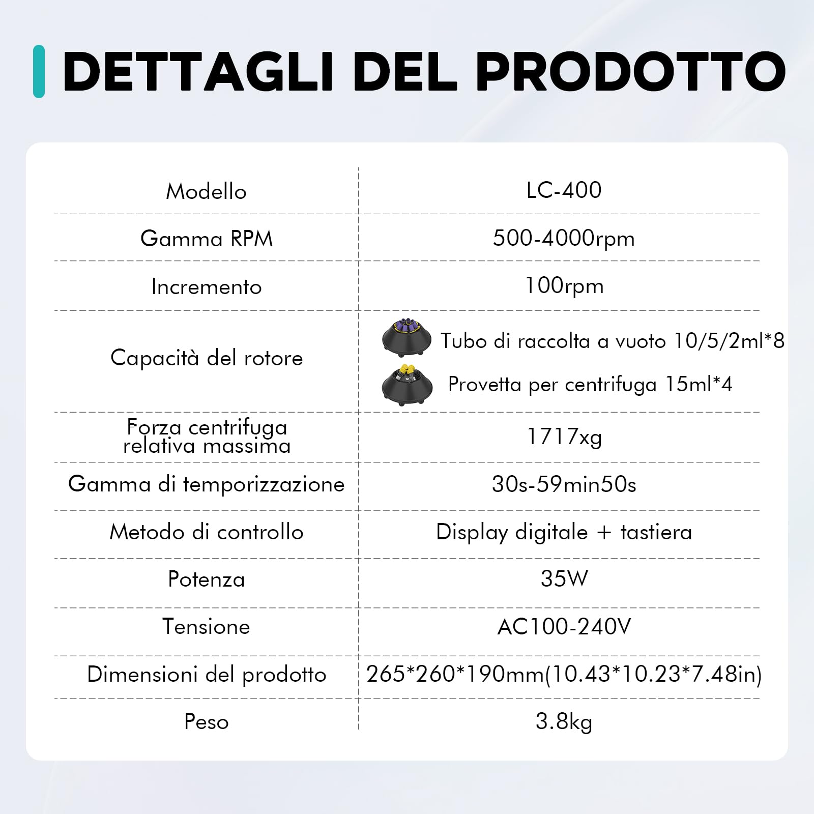 LAB FISH LC-400 Centrifuga da Laboratorio Bassa Velocità per PRP/PRF, 4000 RPM, 1717 xg, Timer 30s-59min, per 4x15ml o 8x2/5/10ml Tubi