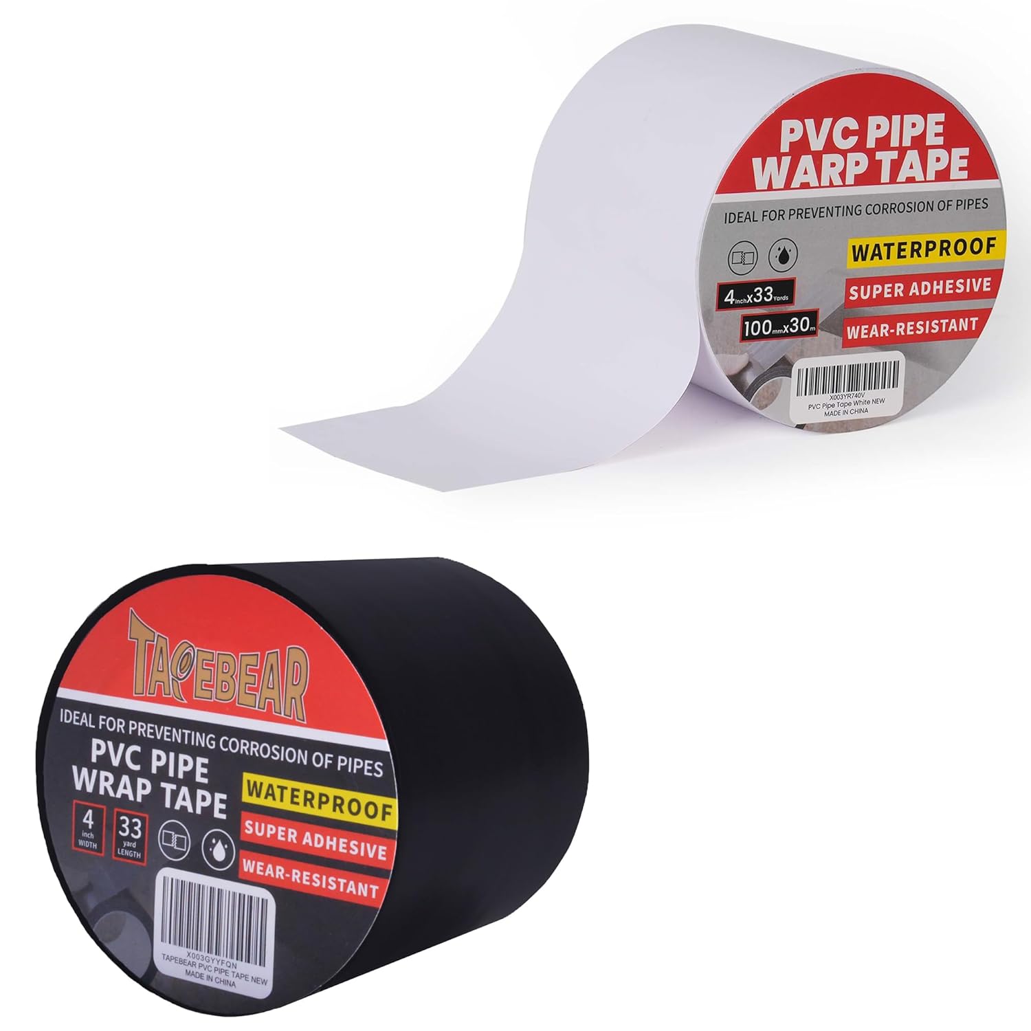 TAPEBEAR White Black Corrosion Protection Pipe Tape 4Inch x 33Yard, Pipe Wrap Tape for Drain Pipe, Metal Electrical Outdoor Underground Pipe