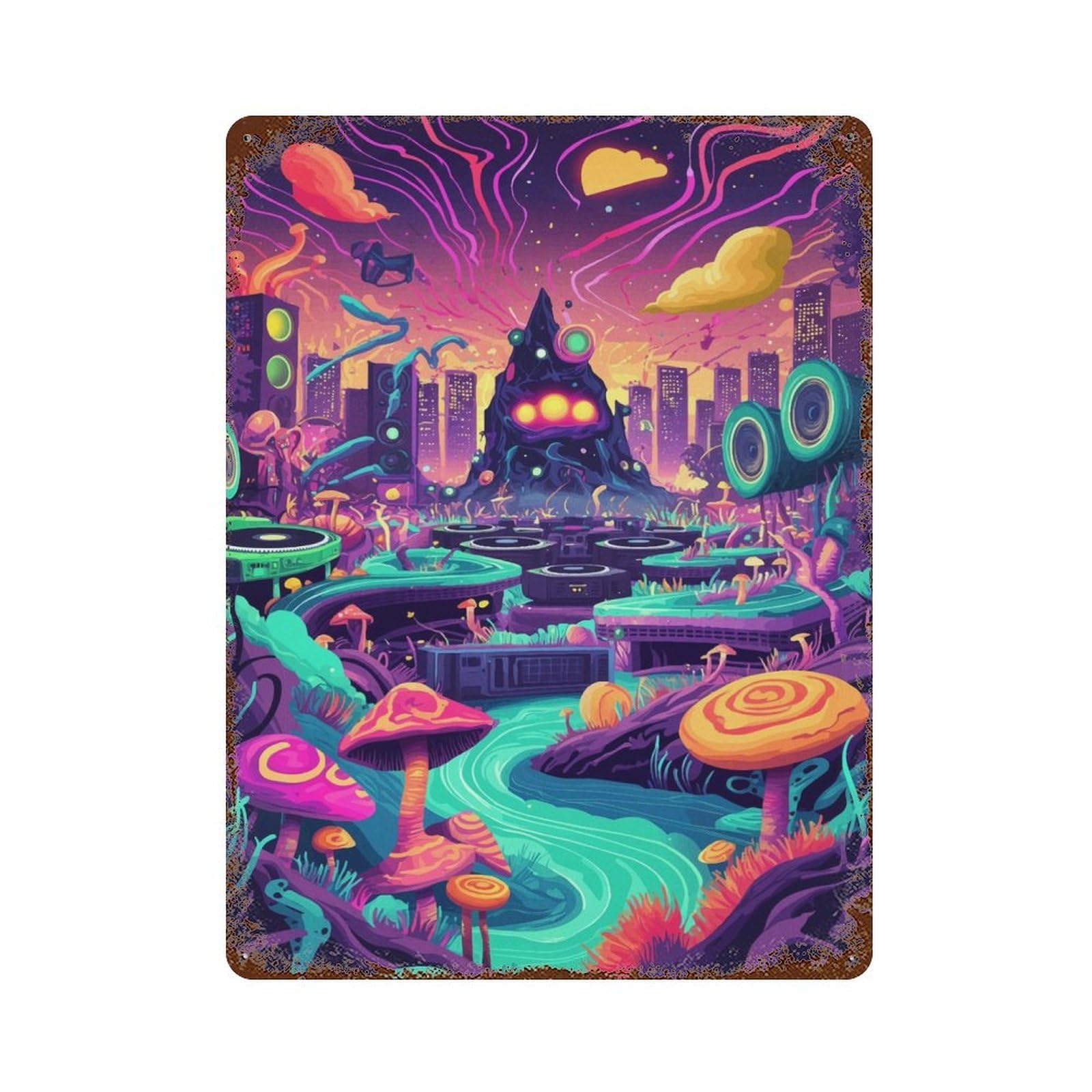 Distressed Metal Wall Sign Psychedelic Cityscape 15.7"x11.8", Old School Wall Decor for Bistro, Counter And Cafe Decor