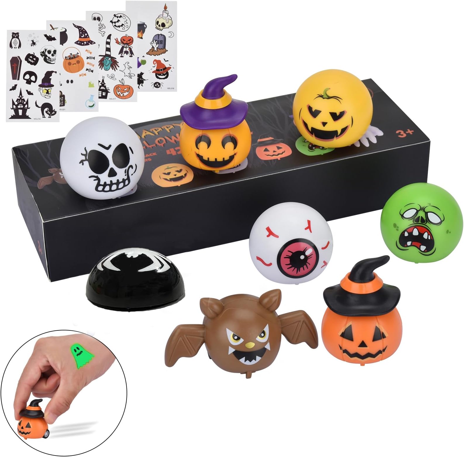 [8+4] Halloween Wind-Up Car, 8 Pull Back Toy Car Shape in Pumpkin Shape Skull Eyeball + 4 Sheets Luminous Halloween Tattoos, Toy Car Set for Children Halloween Party Bag Fillers
