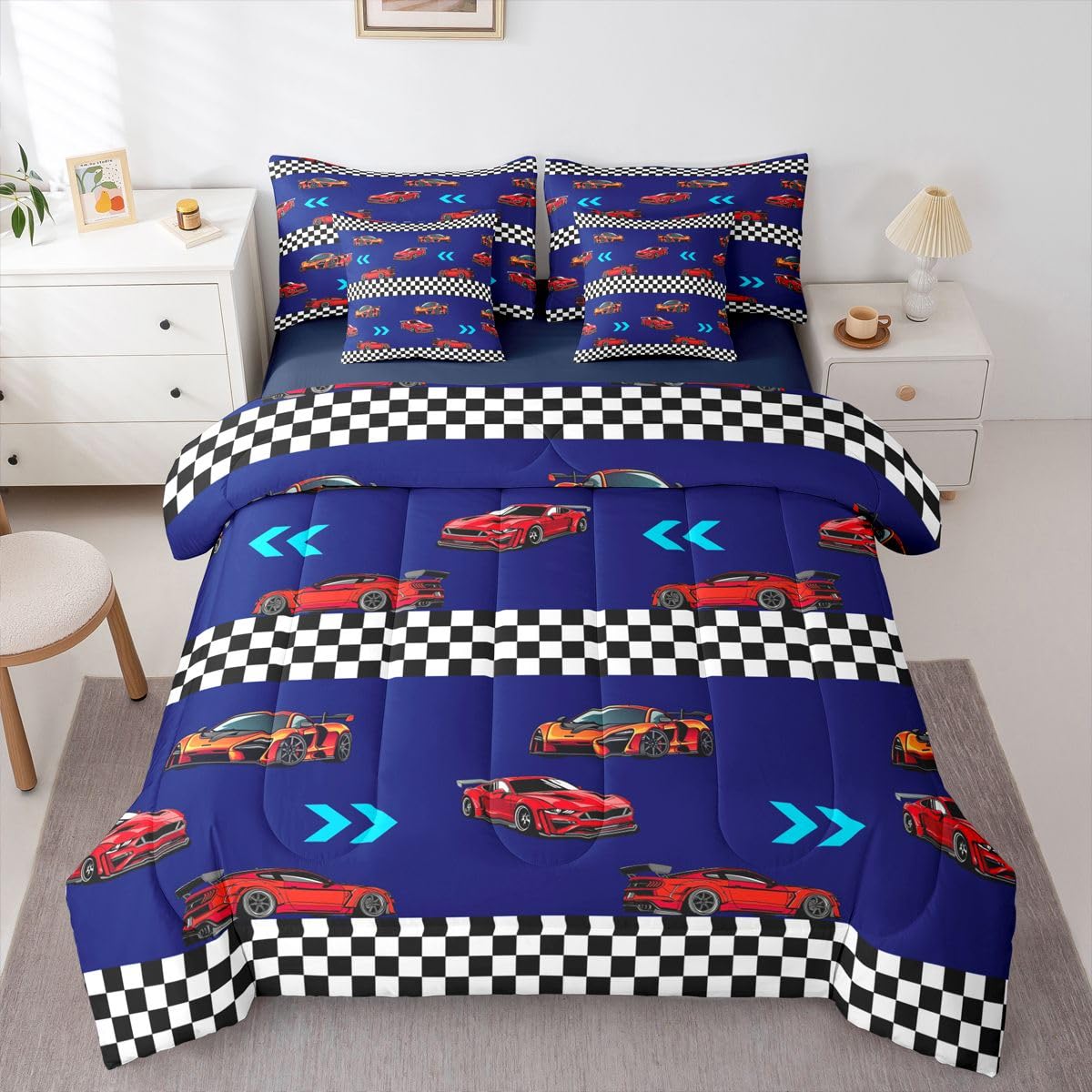 Feelyou Red Racing Car Twin Comforter Set with Sheets for Kids Boys Girls Speed Sports Car 7 Pieces Bedding Set Racing Bed in a Bag Black White Checked Room Decor Soft Lightweight Microfiber