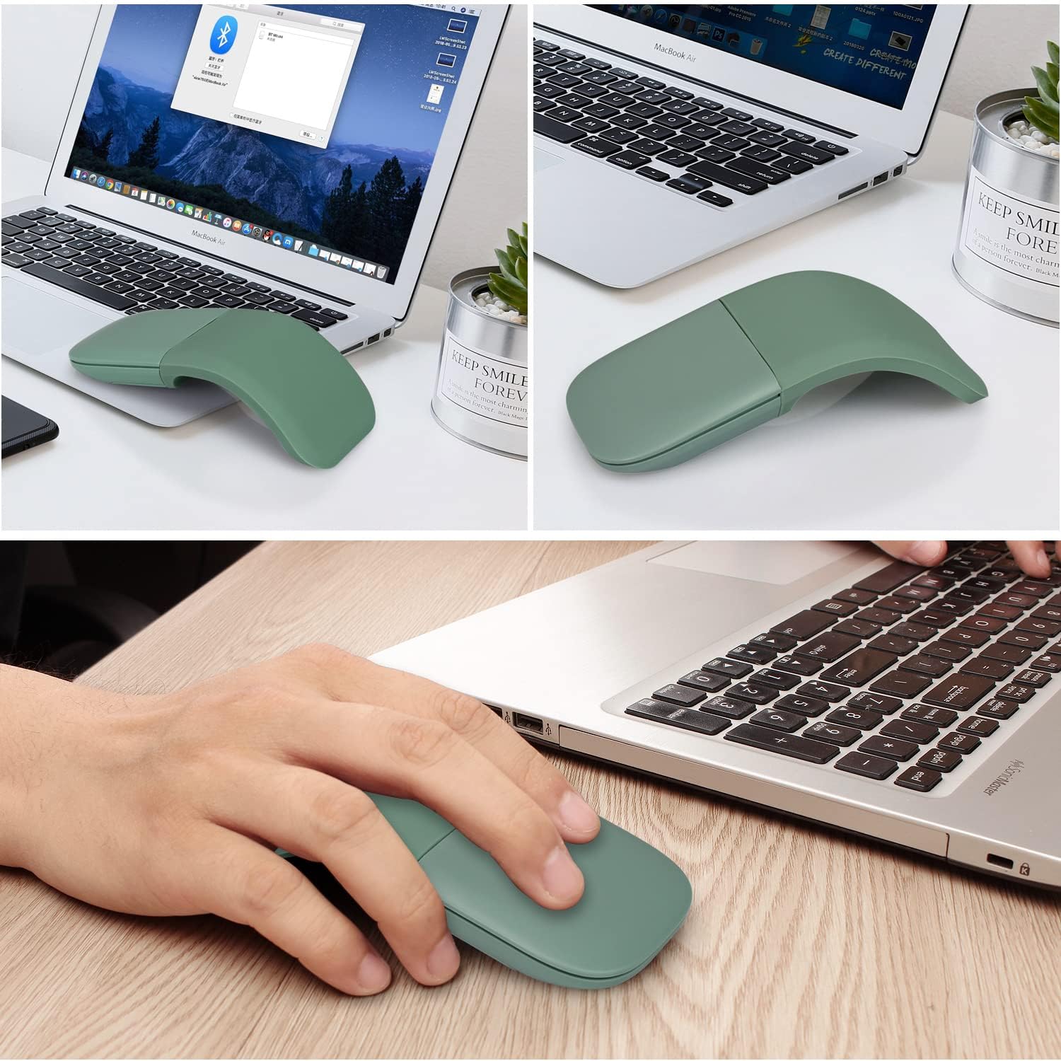Images showing the HXSJ mouse being used with a laptop in various scenarios.