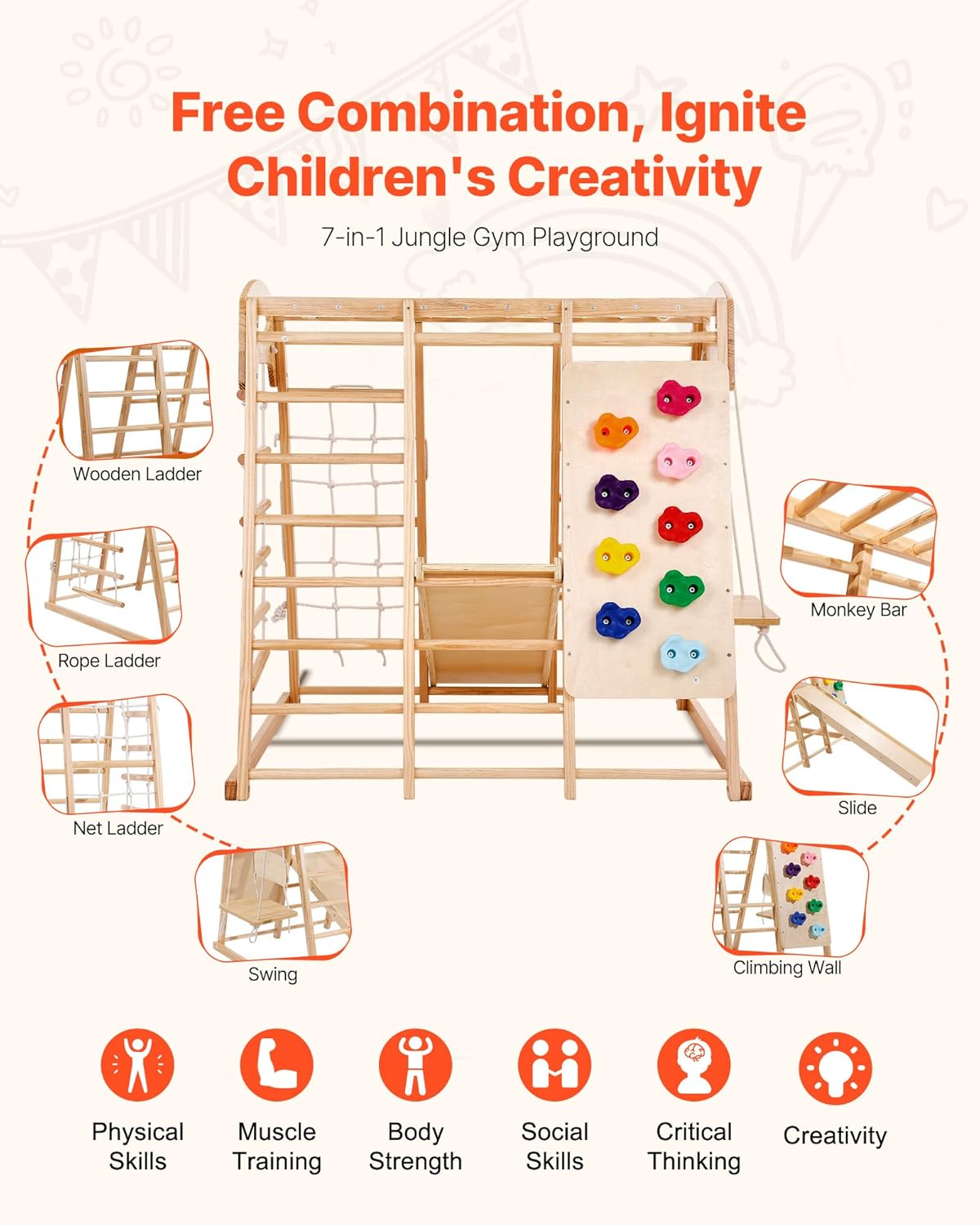 VEVOR Indoor Jungle Gym, 7-in-1 Toddler Indoor Playground, 47.2 x 58 x 56 inch, with Wood and Rope Ladder, Net Ladder, Swing, Monkey Bar, Slide, Climbing Wall, Wooden Indoor Climbing Toys for Kids