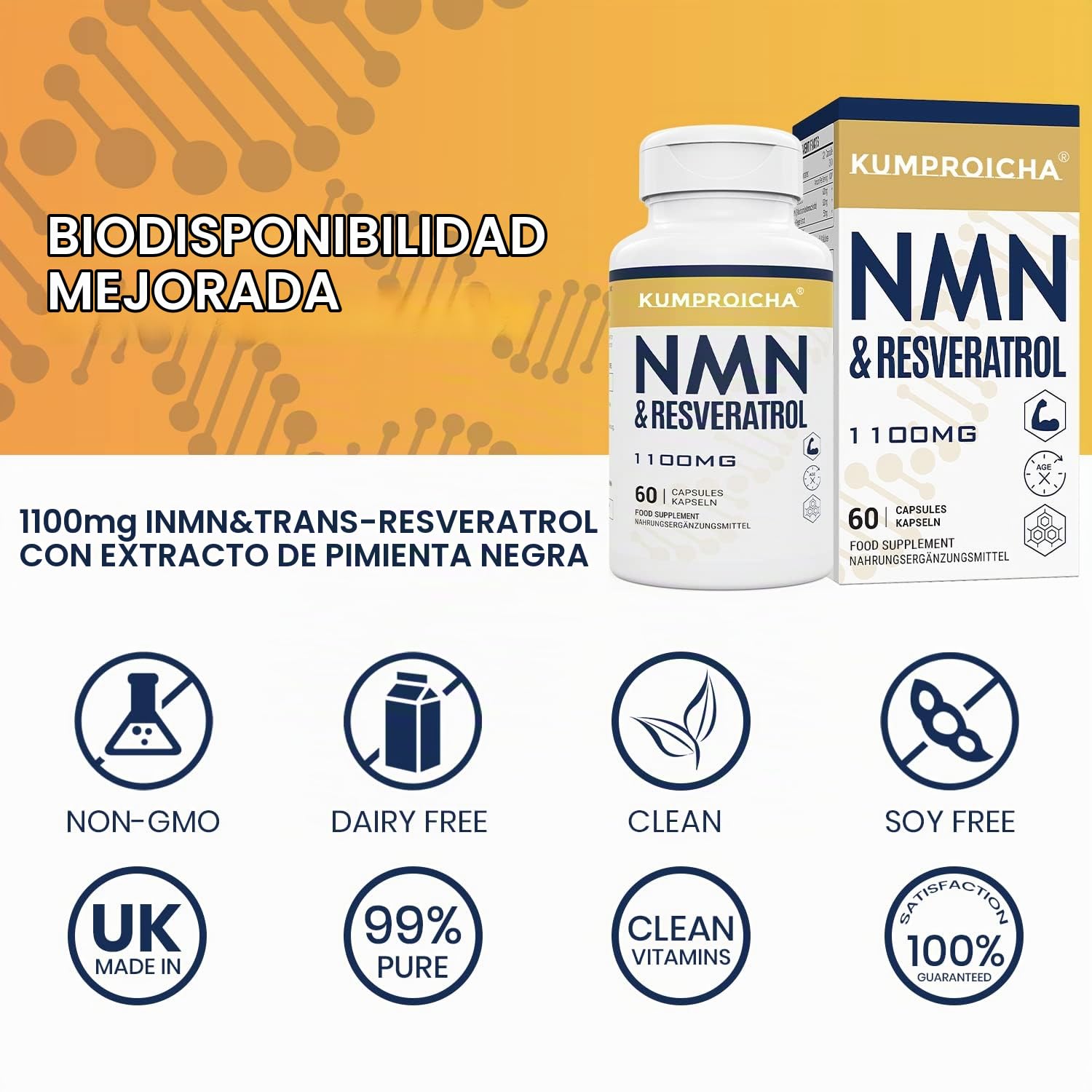 Complejo de NAD+ y Trans-Resveratrol 1100mg | Suplemento Antioxidante Antienvejecimiento | Mejorado con Pimienta Negra para una Absorción Superior ((60 Unidad (Paquete de 2)))