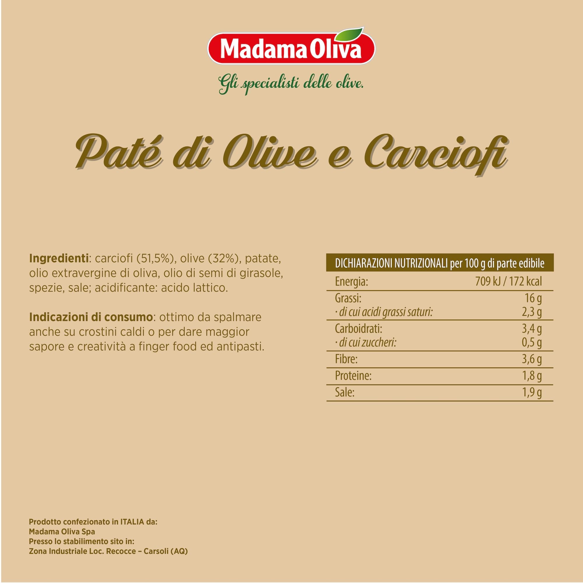 MADAMA OLIVA, Paté di Olive e Carciofi, Ottimo da Spalmare su Crostini Caldi, per Accompagnare Aperitivi e Farcire Bruschette, 100% Made in Italy, 10 Buste Squeeze 110 gr