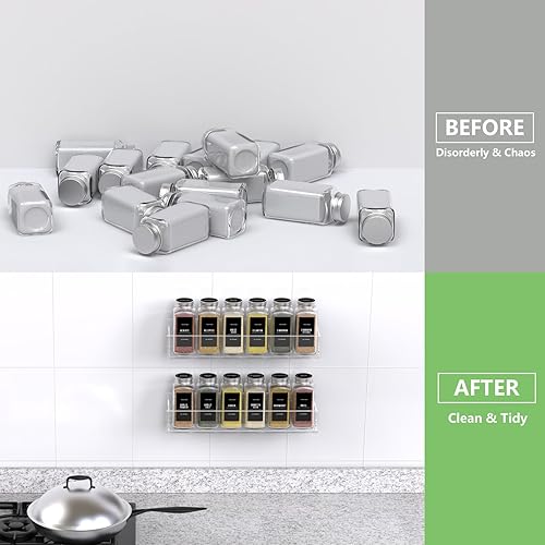 Miniatura 7 de PMMASTO Adhesive Acrylic Spice Rack Organizer with 12 Empty Square Spice Jars, 238 Spice Labels with Chalk Marker and Funnel Complete Set for