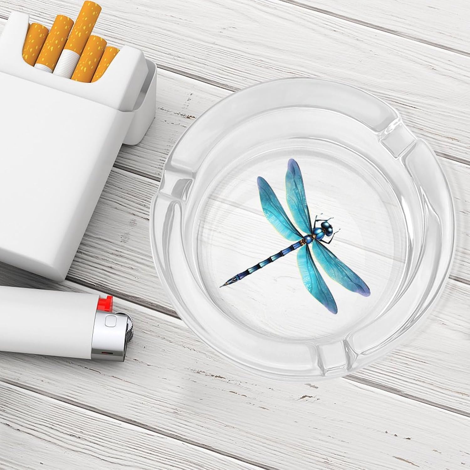 Dragonfly Glass Ashtrays Round Ash Tray Cute Pretty Ash Holder Case for Home Office Deck Decoration, style