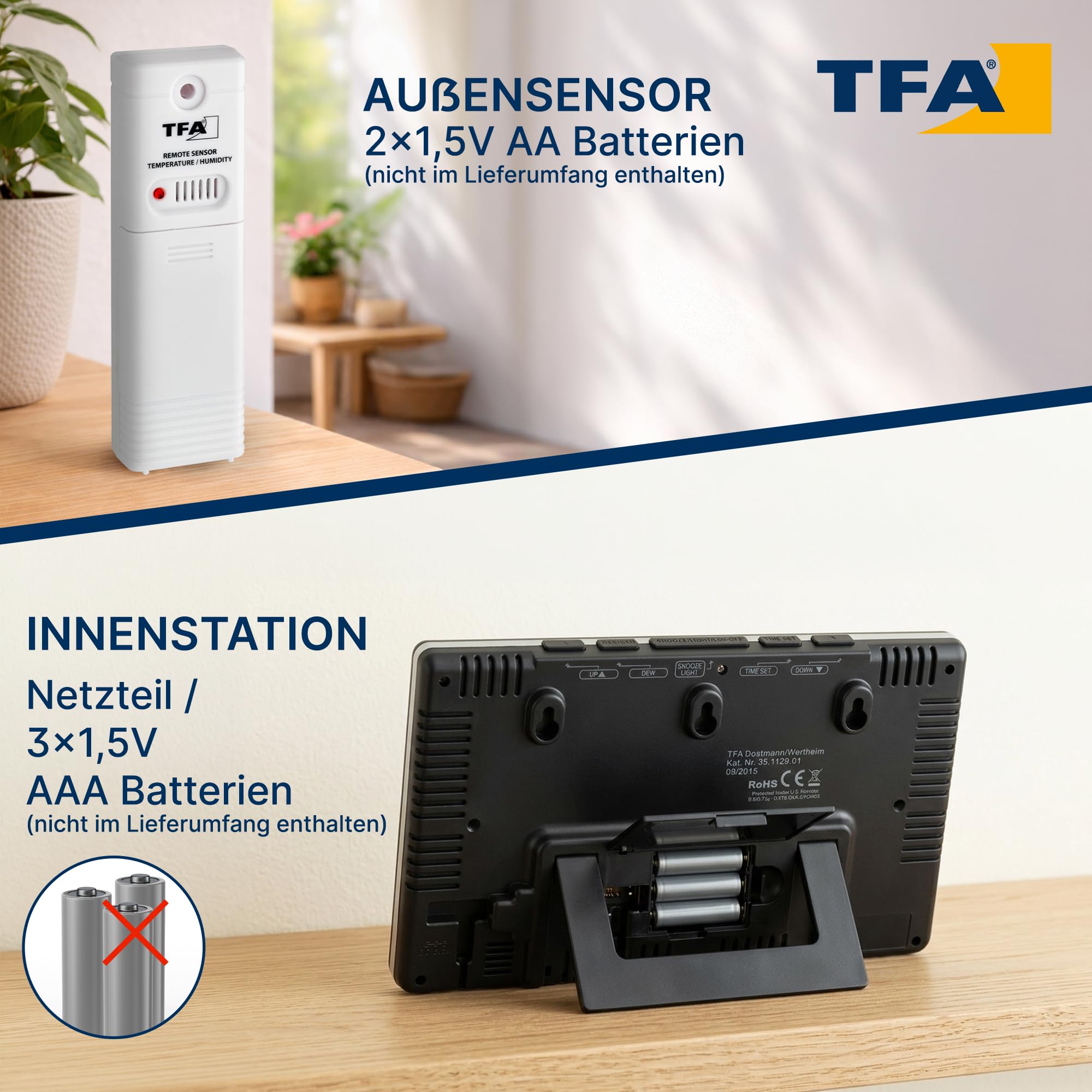 TFA Dostmann Spring Wetterstation, für Innen und Außen, Funk Außensensor misst Luftfeuchtigkeit, Taupunkt, inkl Funkuhr und farbig animiertes Display, L 210 x B 26 (60) x H 140 mm