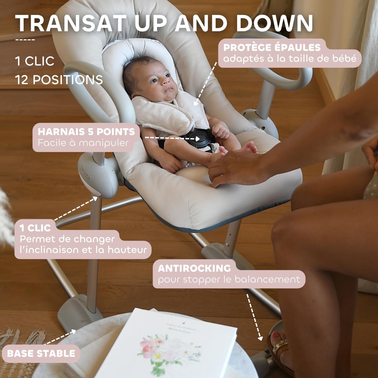 Béaba Transat Up & Down IV, Transat Réglable en Hauteur Bébé Enfant, 3 Positions d'Inclinaison, Harnais Sécurité 5 Points, Argile