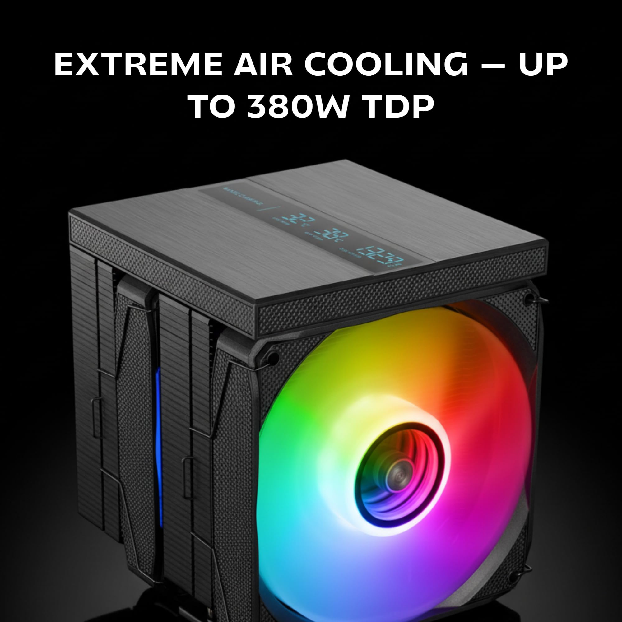 Mars Gaming MCPU-LCDPRO, Podwójny wieżowy radiator CPU 380W TDP, 8x Heatpipes HCT, 2x Wentylatory 120mm PWM FDB, Duży ekran LCD, Oświetlenie ARGB Infinity Mirror, Kompatybilność z Intel i AMD, Czarny