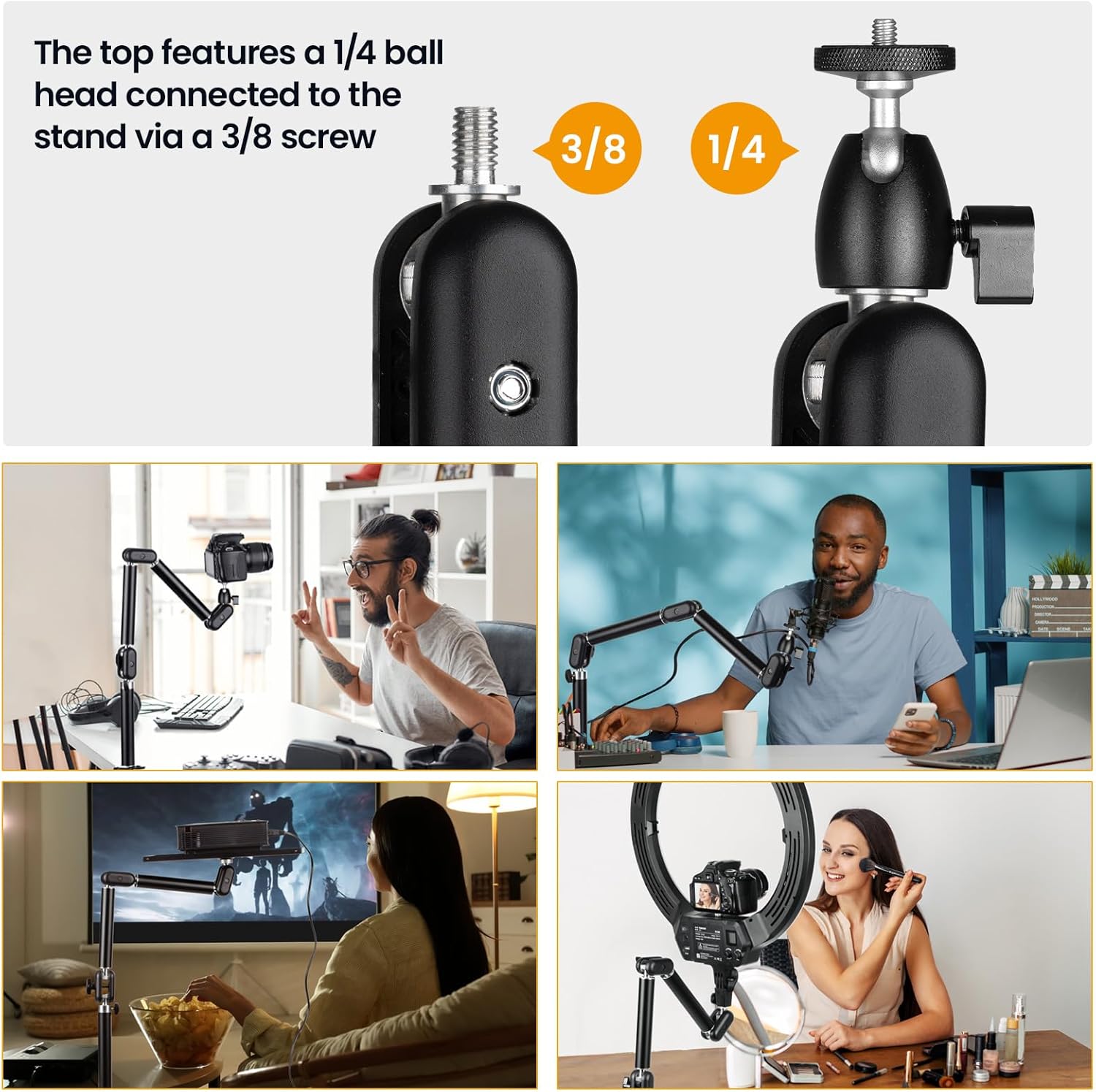 TARION Overhead Camera Desk Mount - 360° Flexible Articulating Arm with 3/8'' Screw and 1/4'' Screw Ballhead for DSLR SLR Mirrorless Cameras Projector Ring Light TKA01-M