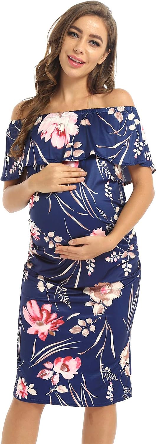 FEESHOW Women's Summer Off Shoulder Ruffle Flower Printed Maternity Dress for Baby Shower
