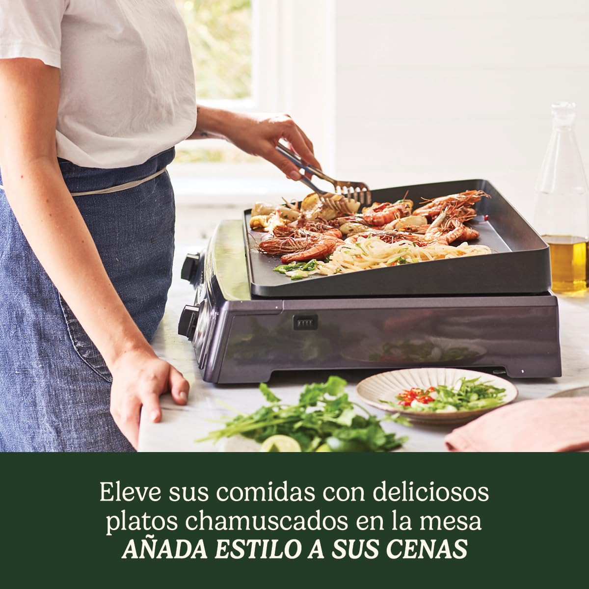 CUISINART PL50E Plancha BBQ Elite, Grill eléctrico, plancha de asar, 2 controles de temperatura independientes de 90° C - 260° C, placa antiadherente, apto lavavajillas, bandeja recoge grasa, 2200 W, Negro/ Acero inoxidable