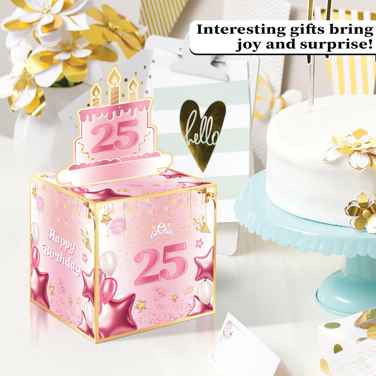 Joycard Hucha de cumpleaños número 25 para ella o hija, decoraciones de cumpleaños de 25 años, divertida caja de regalo extraíble para fiestas, ideal para sorpresas de 25 cumpleaños (con 35 bolsas)