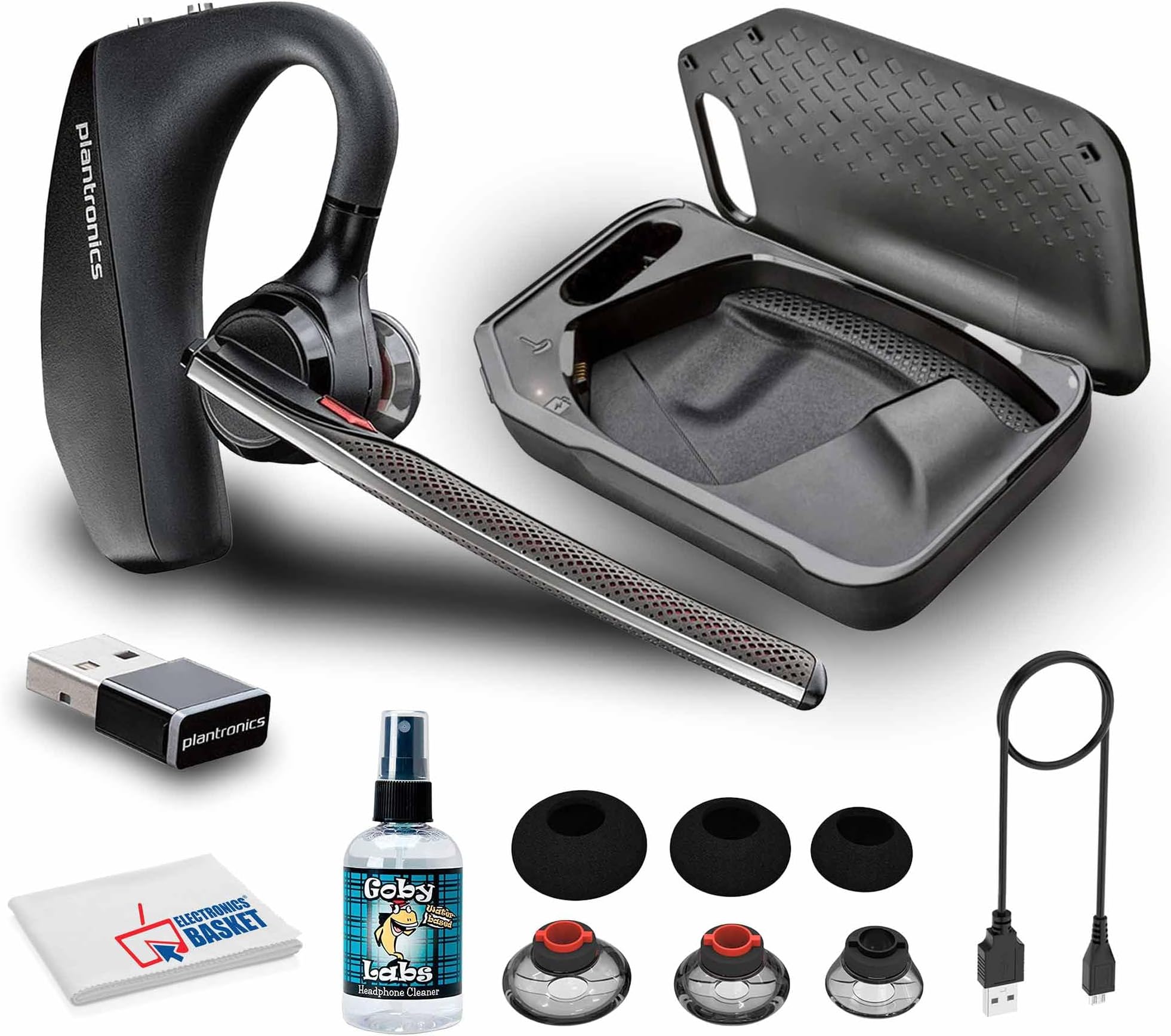 Poly Voyager 5200 UC Bluetooth Headset (7K2F3AA) Bundle Including: Goby Labs Headphone Cleaner, Fiber Cloth, Small, Medium, Large Ear Tips, Charging Case, Charging Cable