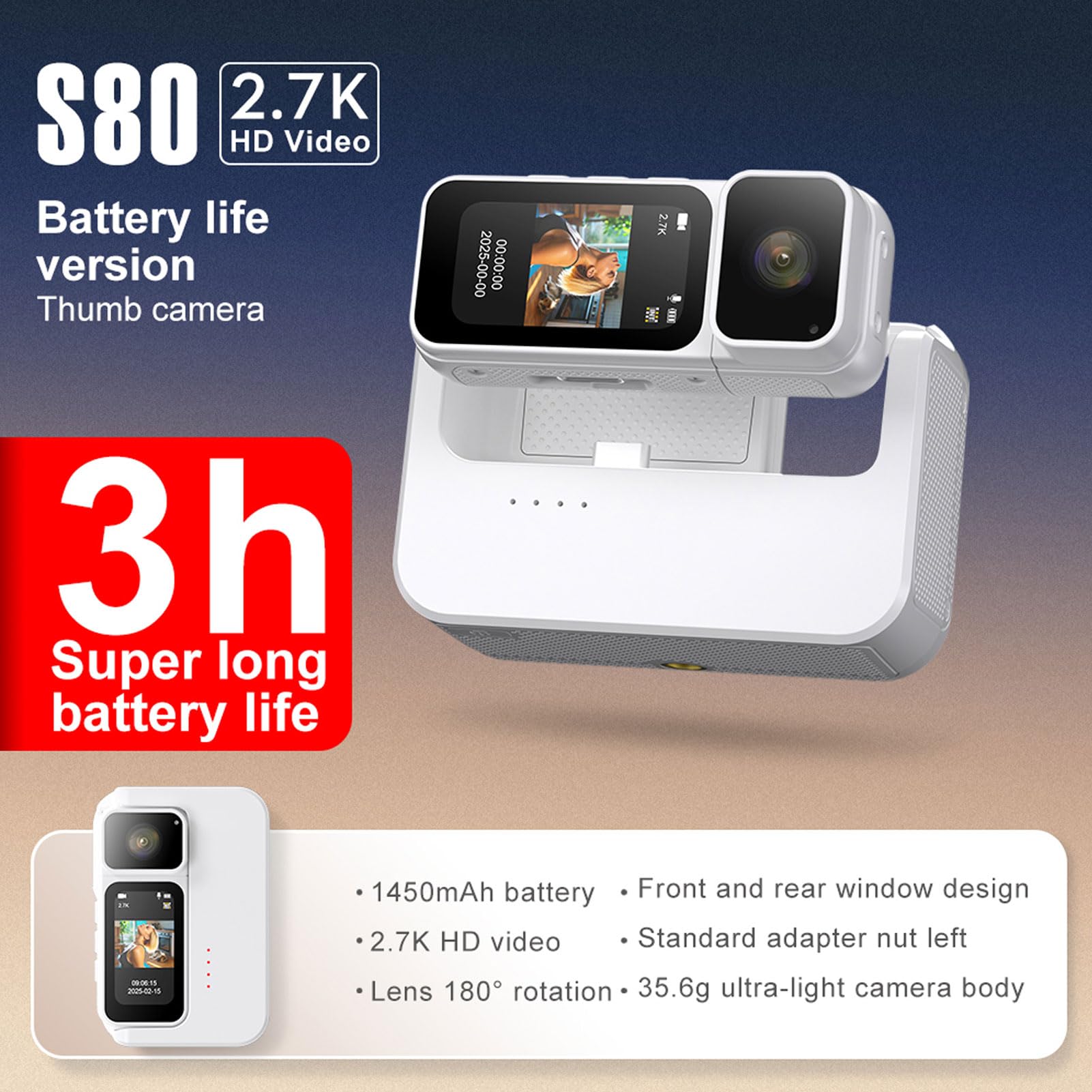 Cryfokt Caméra D’Action 2.7K, Caméra Portable à Commande (White)