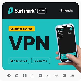 Surfshark Starter VPN | Unlimited Devices | 12-Month | Ad Blocker | Digital Code