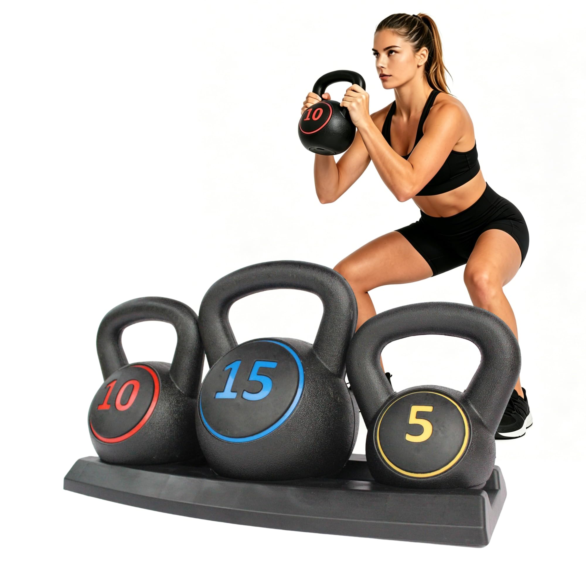 Kettlebell-Set 3-teilig 5 lb/10 lb/15 lb (2.27 kg/4.54 kg/6.8 kg), Neopren Kugelhantel mit flachem Boden & Aufbewahrungsständer, rutschfest & bodenschonend für Home Gym & Krafttraining, Schwarz