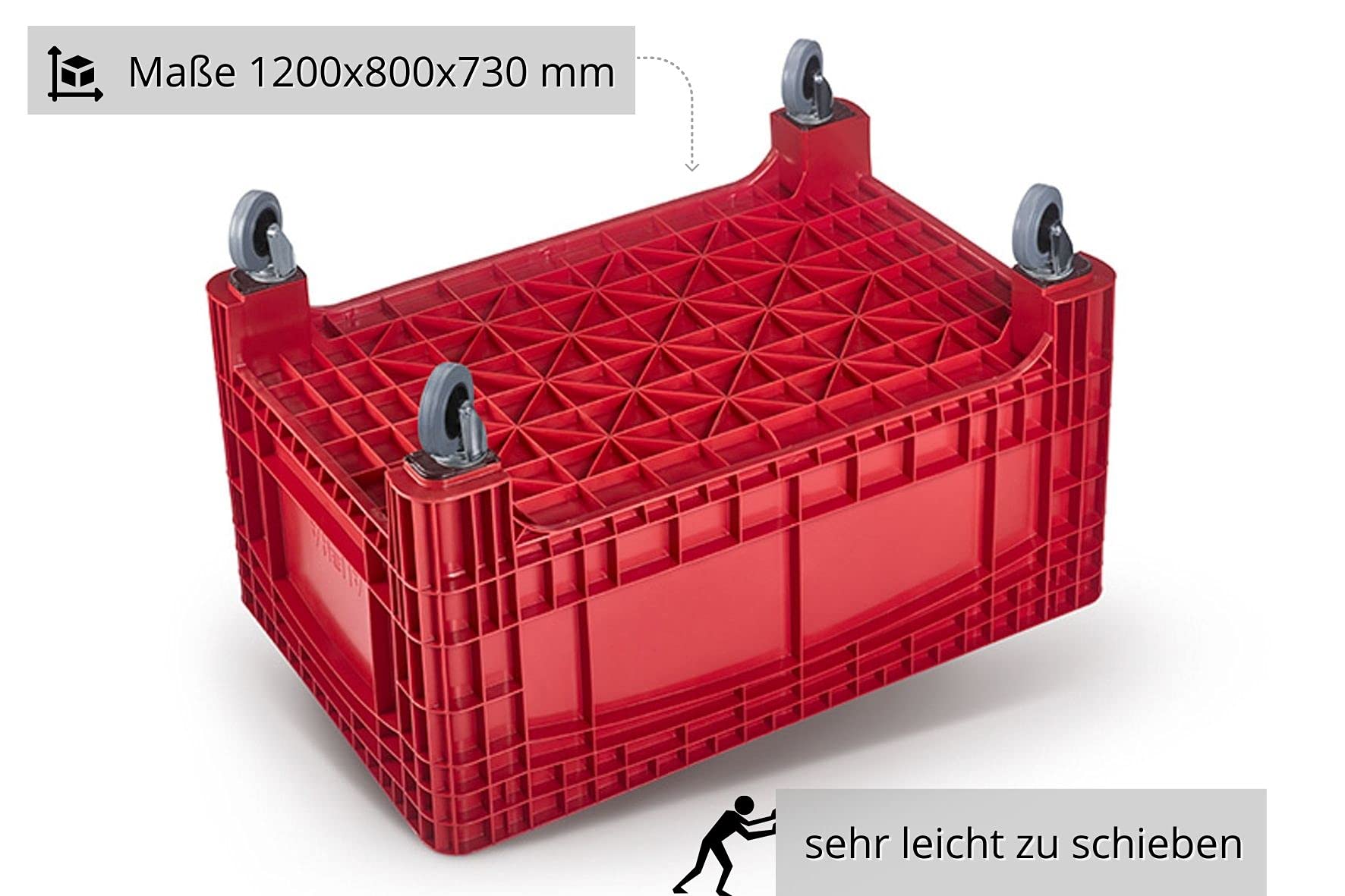 DIE BOX FABRIK Palettenbox 1200x800x730mm, Boxfabrik NOAH L, Großbehälter, Umzugsbehälter, Transportbox, Kunststoffbehälter, Containerwagen, Transportwanne, Made in Germany (Rot, Lenkrollen)