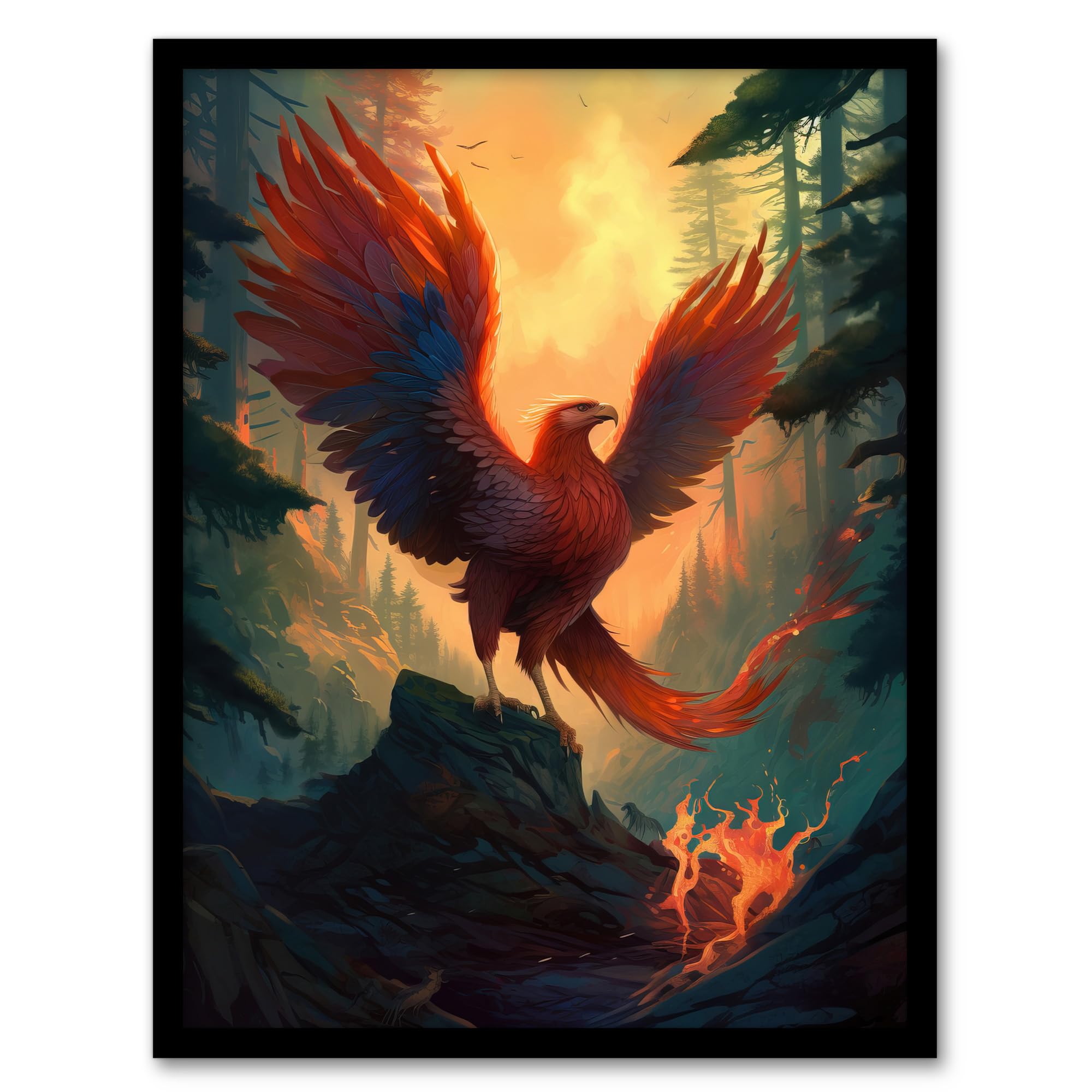 Artery8 Majestic Phoenix Bird Spreading Wings Concept Painting Mythical Creature Rising From Fire Ashes in Enchanted Forest Landscape Artwork Framed Wall Art Print 18X24 Inch