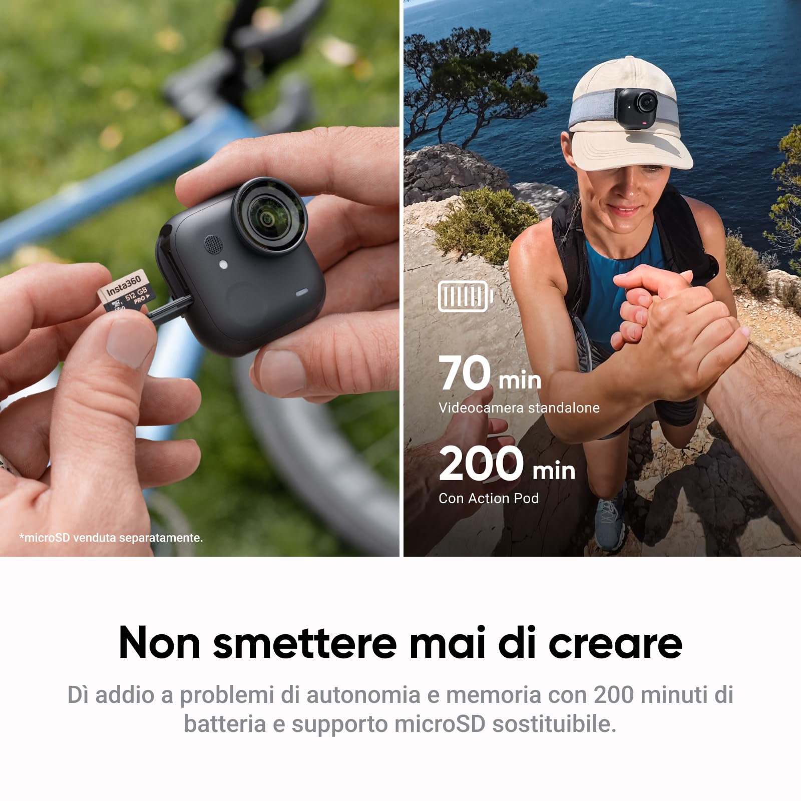 Insta360 GO Ultra Pack Ciclismo Nero Notte- action cam mini 4K a mani libere, indossabile, superba in bassa luce, montala ovunque, stabilizzazione FlowState, 200 min di carica, bici e corsa