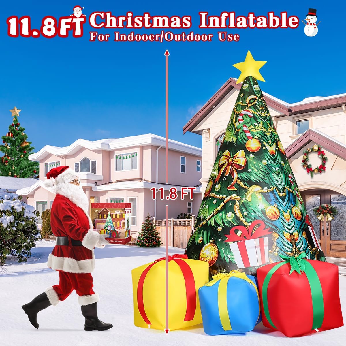 GOOSH 11.8 FT Christmas Inflatables Tree Outdoor Decorations Blow Up Christmas Tree Gift Box Yard with Colorful Light for Holiday Party Indoor Garden Lawn Decor (Yellow)
