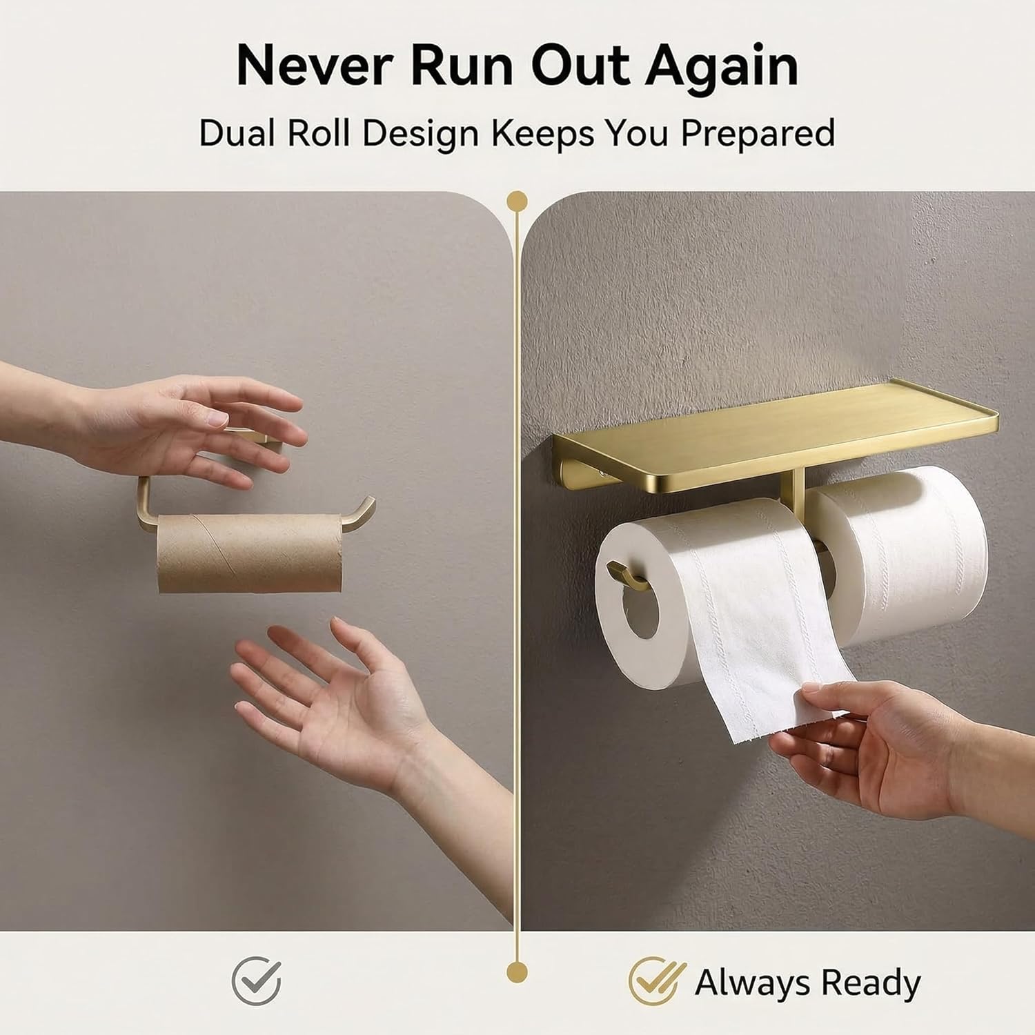 Dual Roll Toilet Paper Holder with Phone Shelf, Solid Metal Bathroom Accessory Tissue Dispenser Storage Wall Mounted, Spot Resist, Brushed Gold