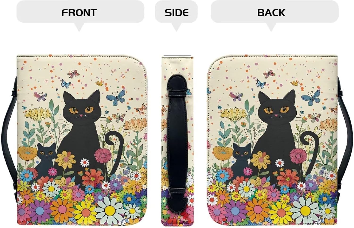 Suobstales Cat Butterfly Daisy Flower Print Bible Cover for Women Men PU Leather Bible Case Book Carrying Bag with Handle and Pocket Tote Scripture Organizer Pen Holder, 2XL