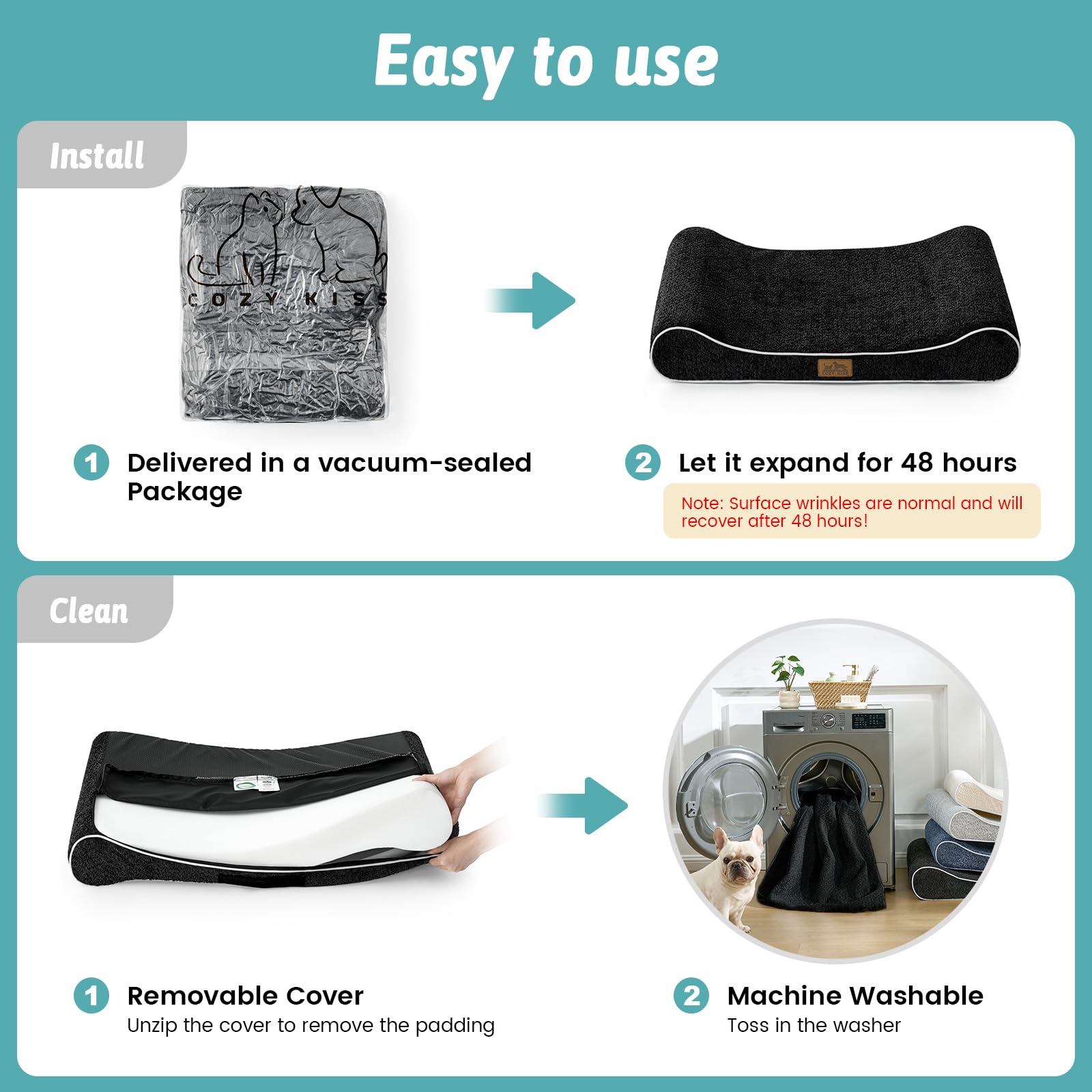 Orthopedic Dog Bed for Large Dogs up to 90 lbs - Removable Washable Cover with Waterproof Lining & Non-Skid Bottom, Cotton-Polyester Blend Boat-Shaped Lounger Mattress, L(45x30x6in), Black - image 7